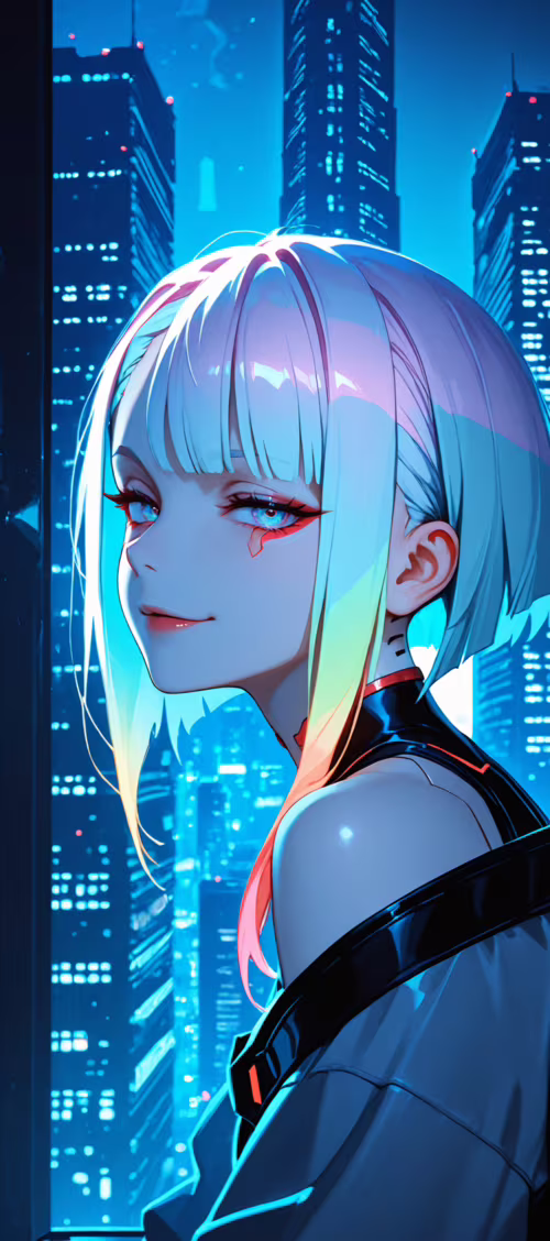 Un’illustrazione in stile anime di Lucy, tratta da Cyberpunk: Edgerunners: una giovane... Oppo A57