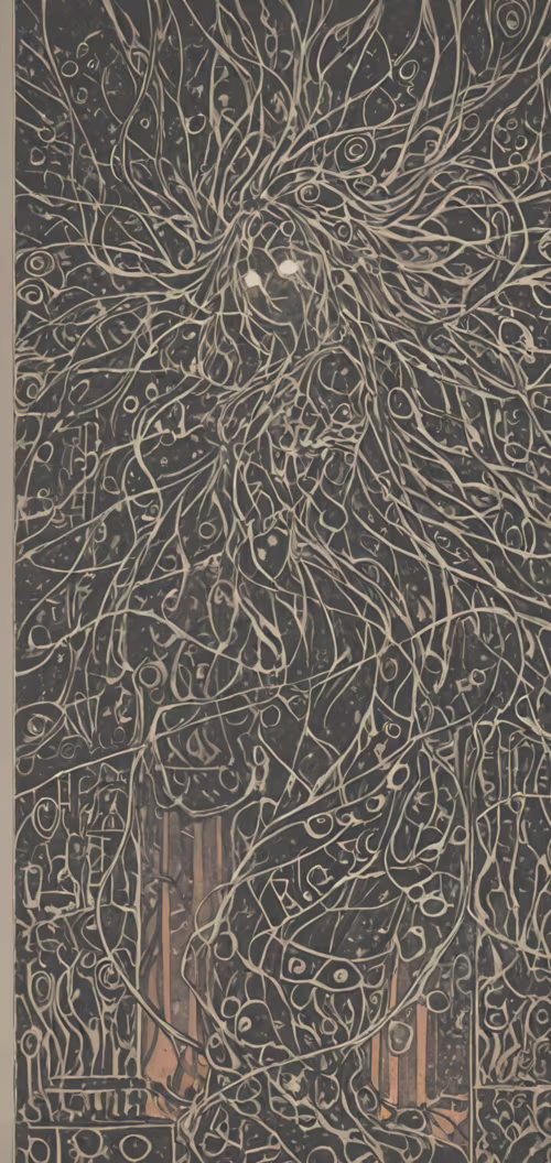 Un dipinto astratto con uno sfondo scuro, ricoperto da una fitta e complessa rete... Samsung Galaxy M01