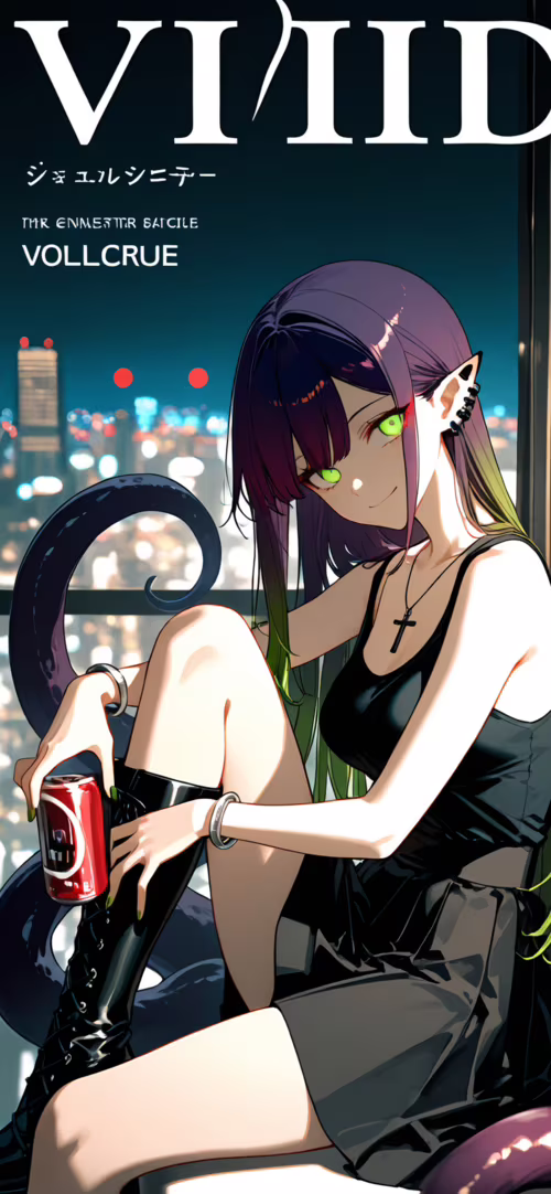 Una ragazza anime con lunghi capelli viola e verdi, occhi verdi luminosi e dei tentacoli,...