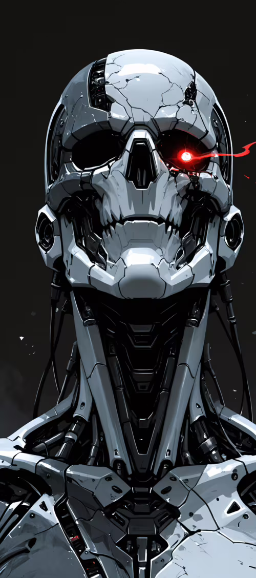 Ritratto frontale di uno scheletro robotico bianco, con occhi rossi luminosi e un... Tecno Camon 30 Pro