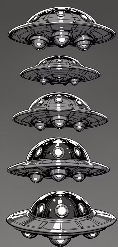 Un grande disco volante verde, in stile cartone animato, con luci gialle luminose...