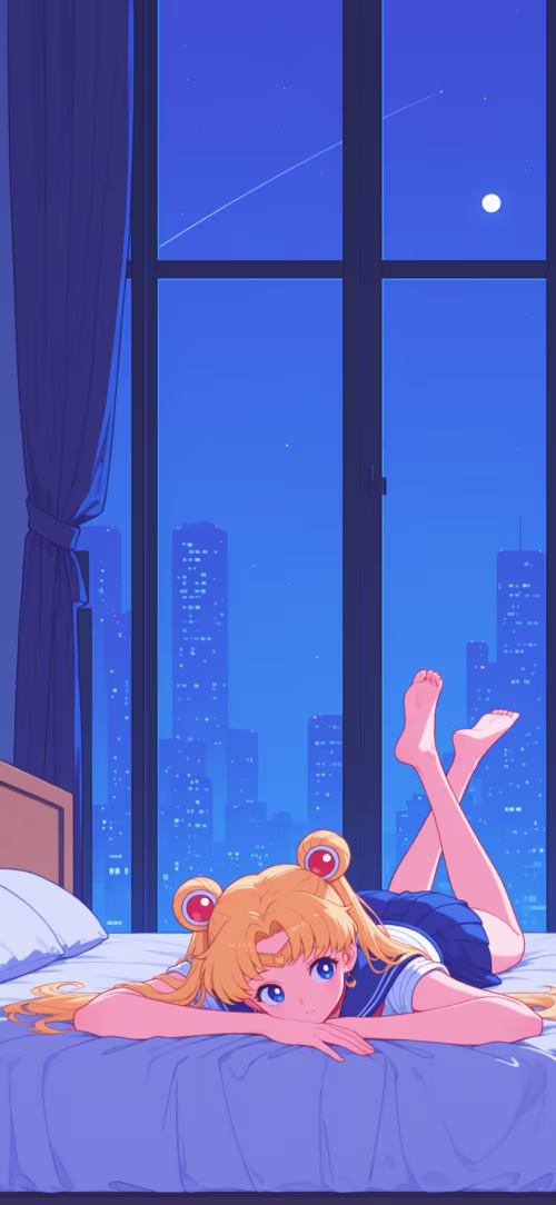 Sailor Moon, con la sua caratteristica acconciatura a due chignon biondi, è sdraiata... Oppo Reno