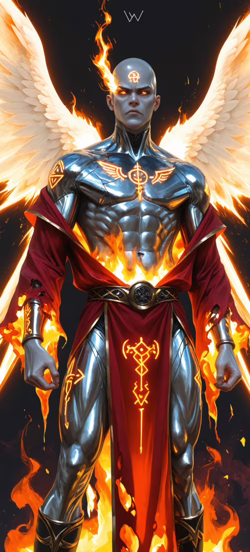 Un dipinto digitale che raffigura un angelo potente, calvo, dalla pelle argentata... Huawei Pura 70