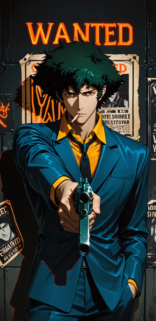 Illustrazione in stile anime di Spike Spiegel, protagonista di Cowboy Bebop, che... Samsung Galaxy S9