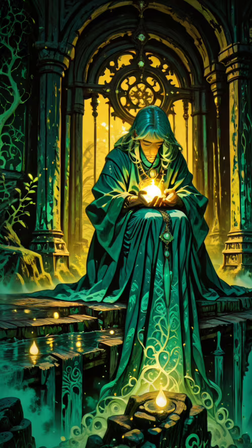 Un’illustrazione digitale a figura intera raffigura un saggio anziano e illuminato,... Doogee Valencia DG800