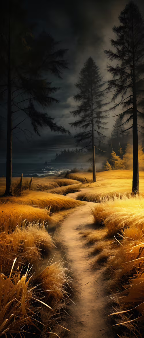 Un suggestivo dipinto raffigura un sentiero sterrato che si snoda attraverso un campo... Motorola Edge S