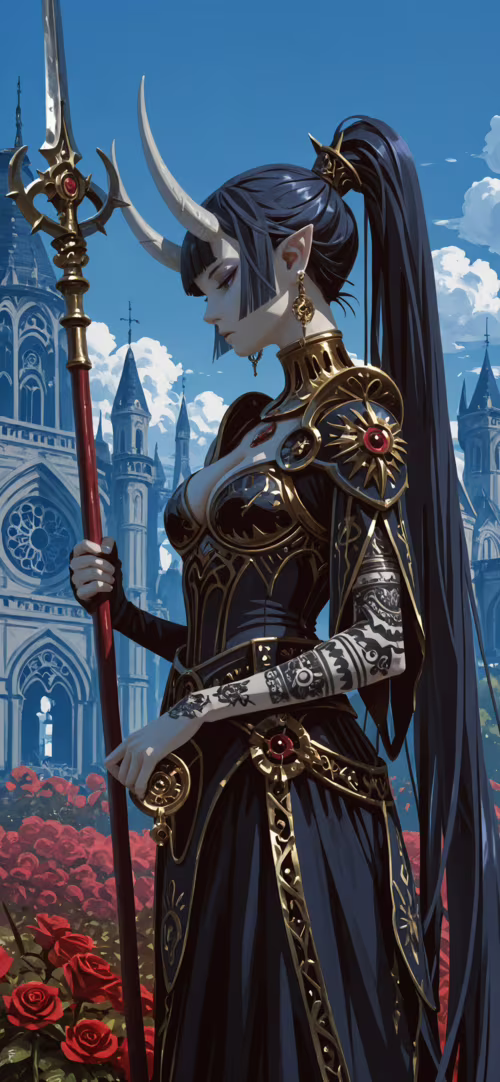 Un’illustrazione che raffigura una donna con corna bianche e orecchie a punta, tipiche...