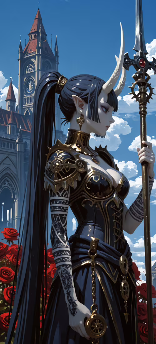 Un’illustrazione che raffigura una donna con corna bianche e orecchie a punta, tipiche...