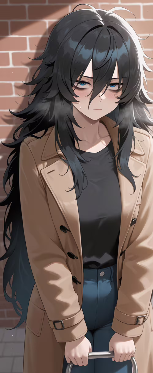 Una ragazza in stile anime, con lunghi capelli neri spettinati e occhi azzurri stanchi,... Samsung Galaxy Z Flip