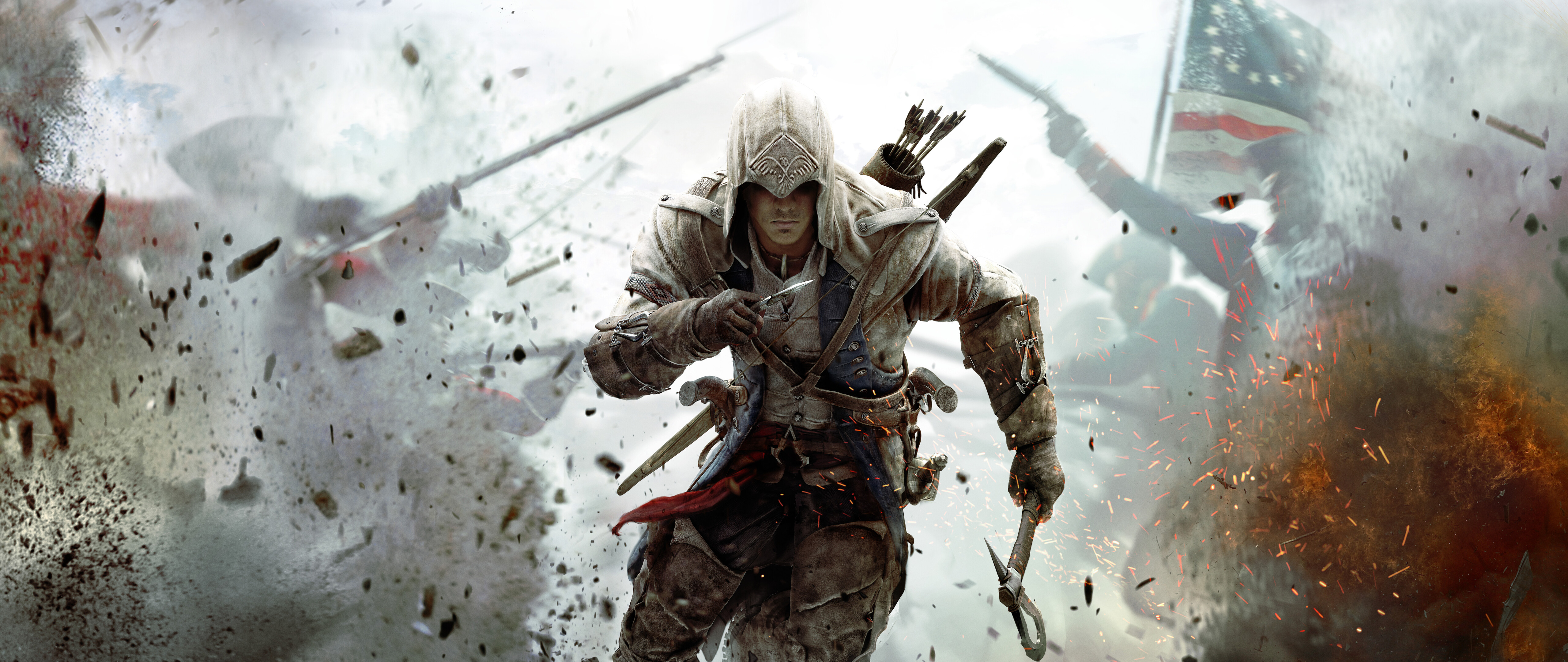 Connor Kenway, protagonista di Assassin's Creed III, indossa il suo caratteristico abito da assassino e il cappuccio.