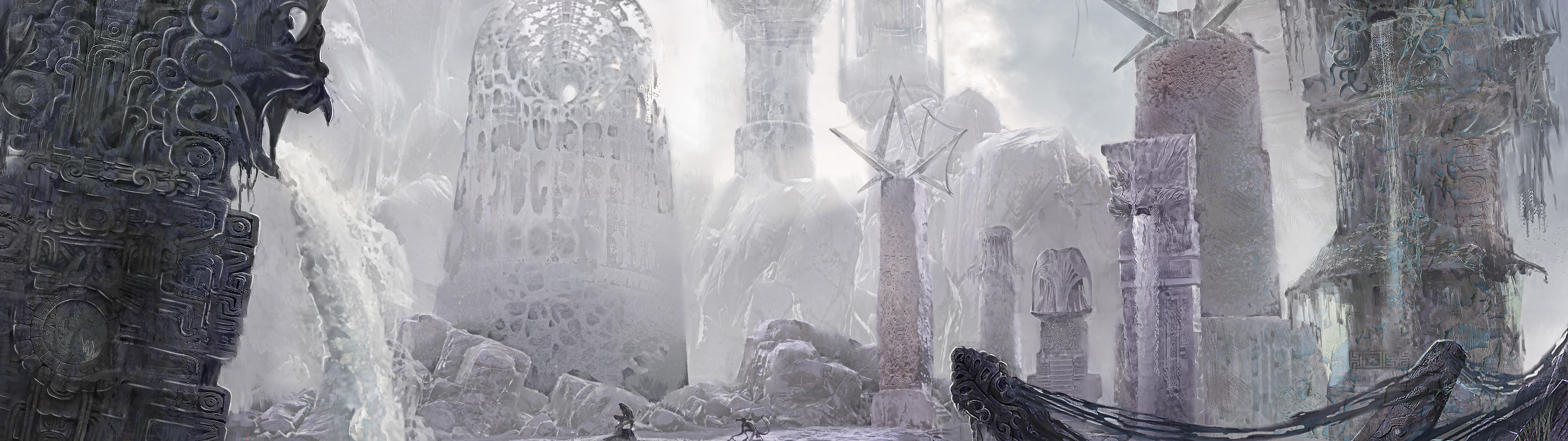 Un detective, in piedi tra le rovine fatiscenti e inquietanti, sotto un cielo minaccioso, una scena ispirata all’atmosfera di «Sherlock Holmes: The Awaken».