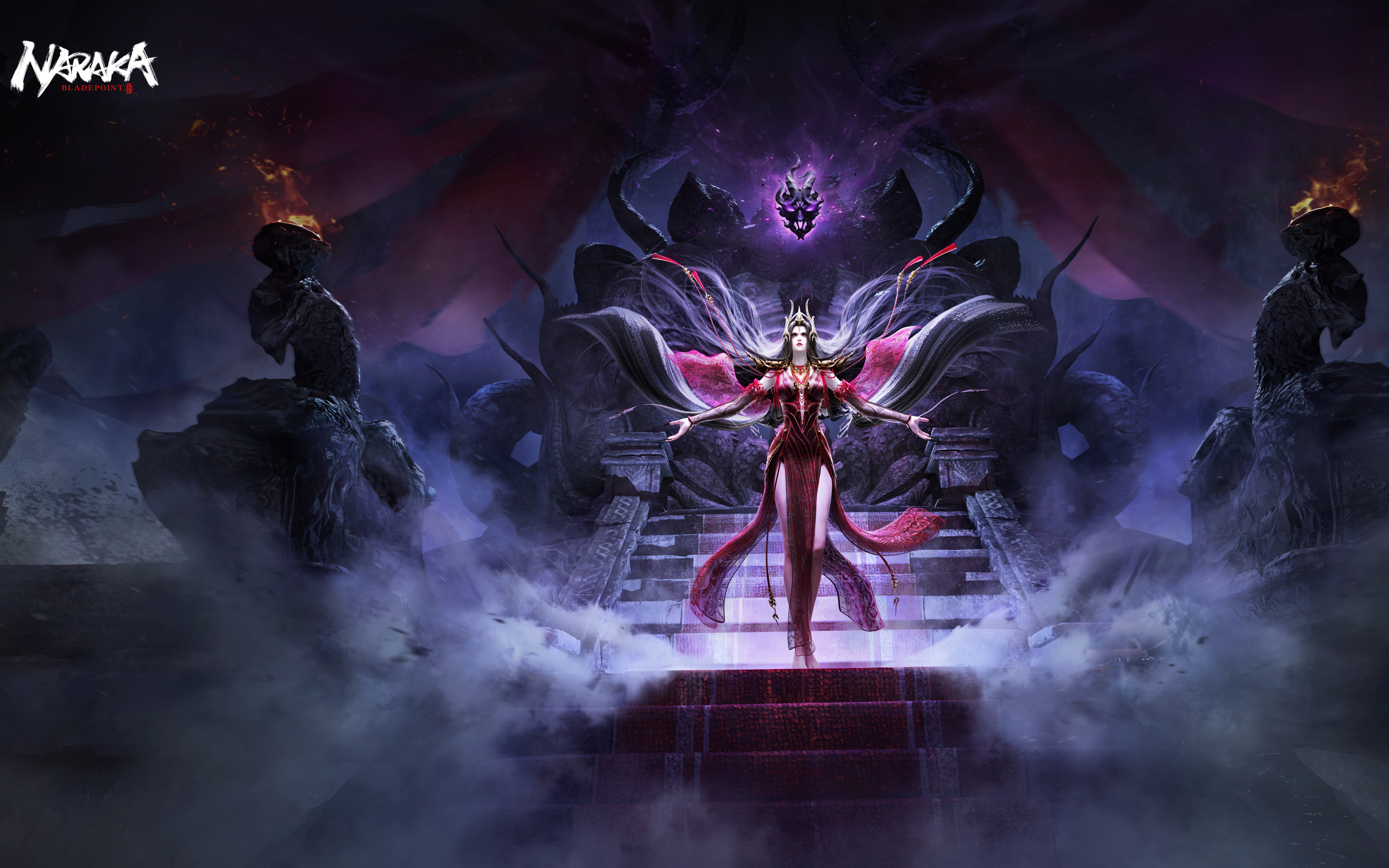 Un personaggio misterioso, una strega ispirata al videogioco Naraka: Bladepoint, caratterizzata da un’estetica dark fantasy e da un’aura di energia mistica.