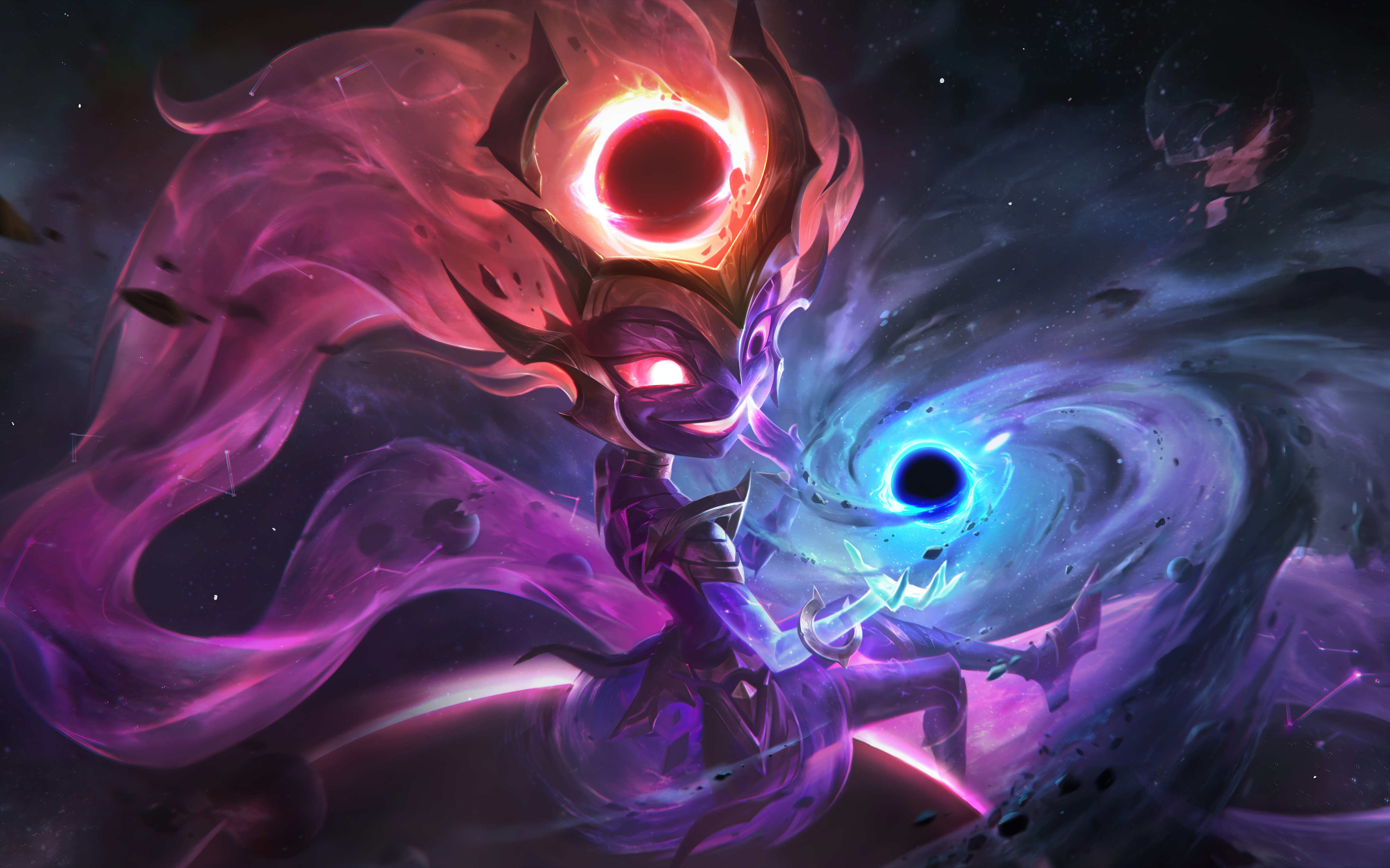 Zoe, personaggio del videogioco League of Legends, lancia un potente incantesimo che crea un buco nero in un contesto cosmico.