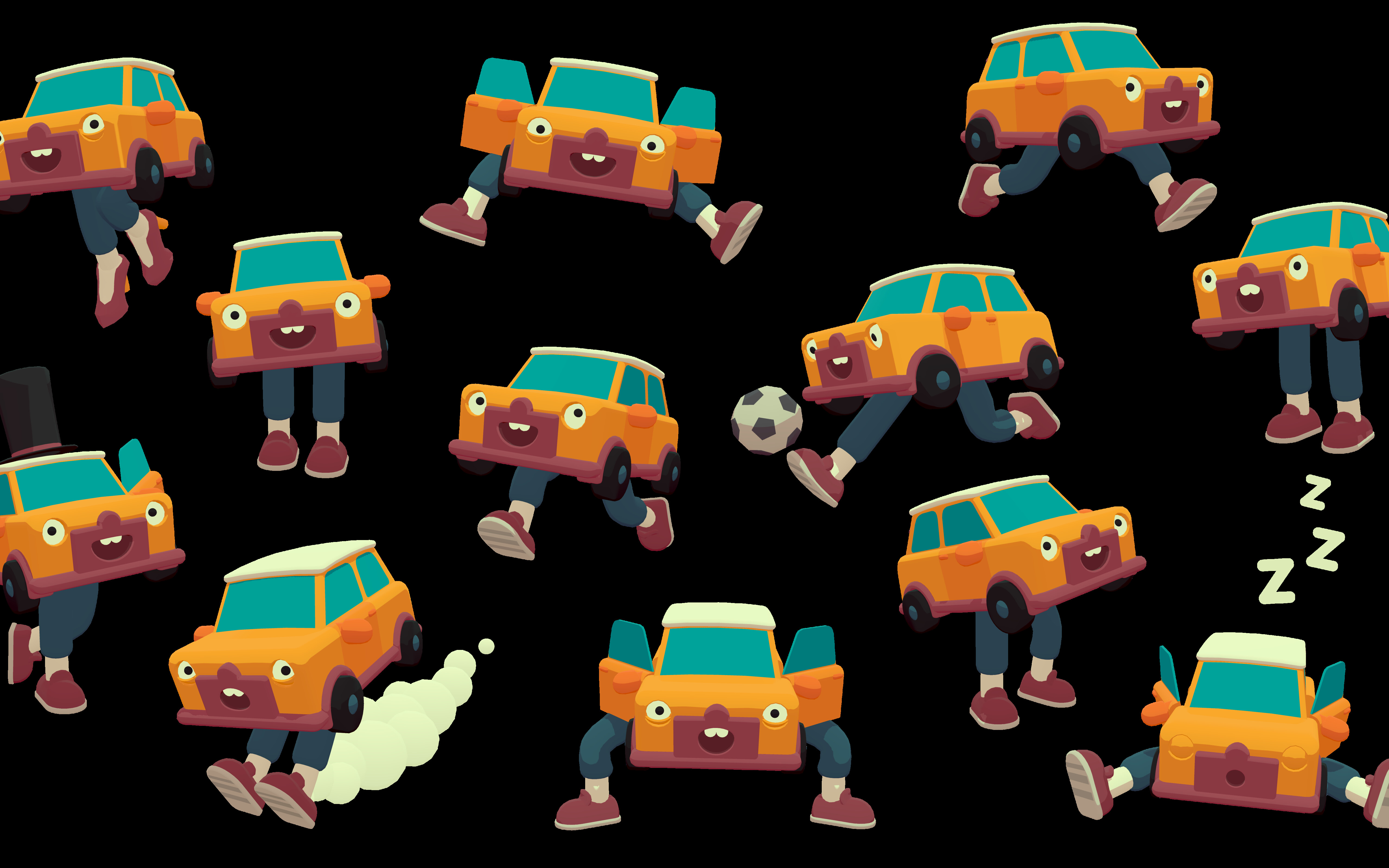 Un’auto dai colori vivaci e dal design stilizzato che si muove attraverso un percorso ad ostacoli caotico in un videogioco basato sulle leggi della fisica.