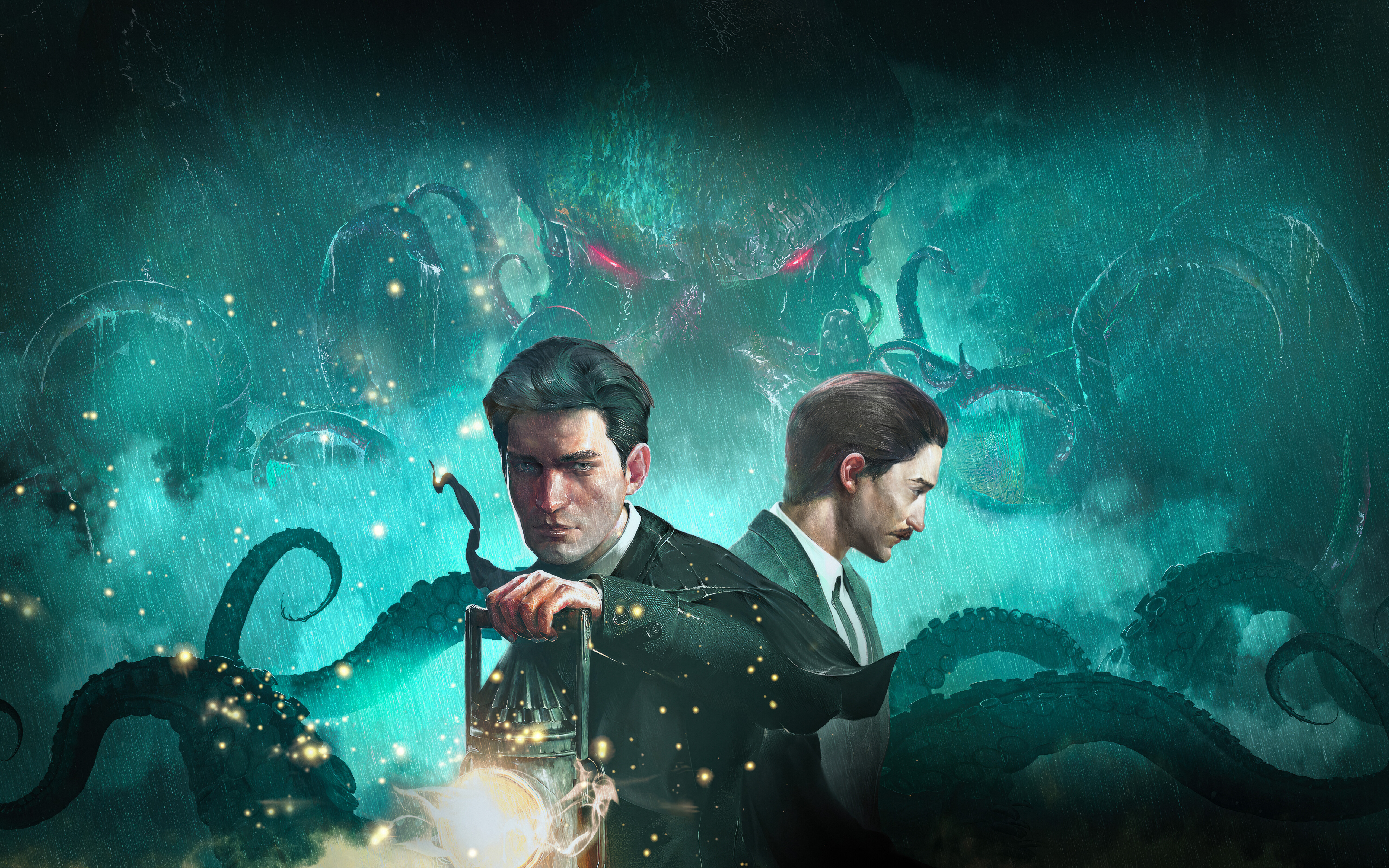 Un mostro tentacolare, minaccioso e dalla pelle scura, si nasconde sotto la pioggia battente, evocando gli elementi di orrore cosmico presenti in Sherlock Holmes: The Awakened.