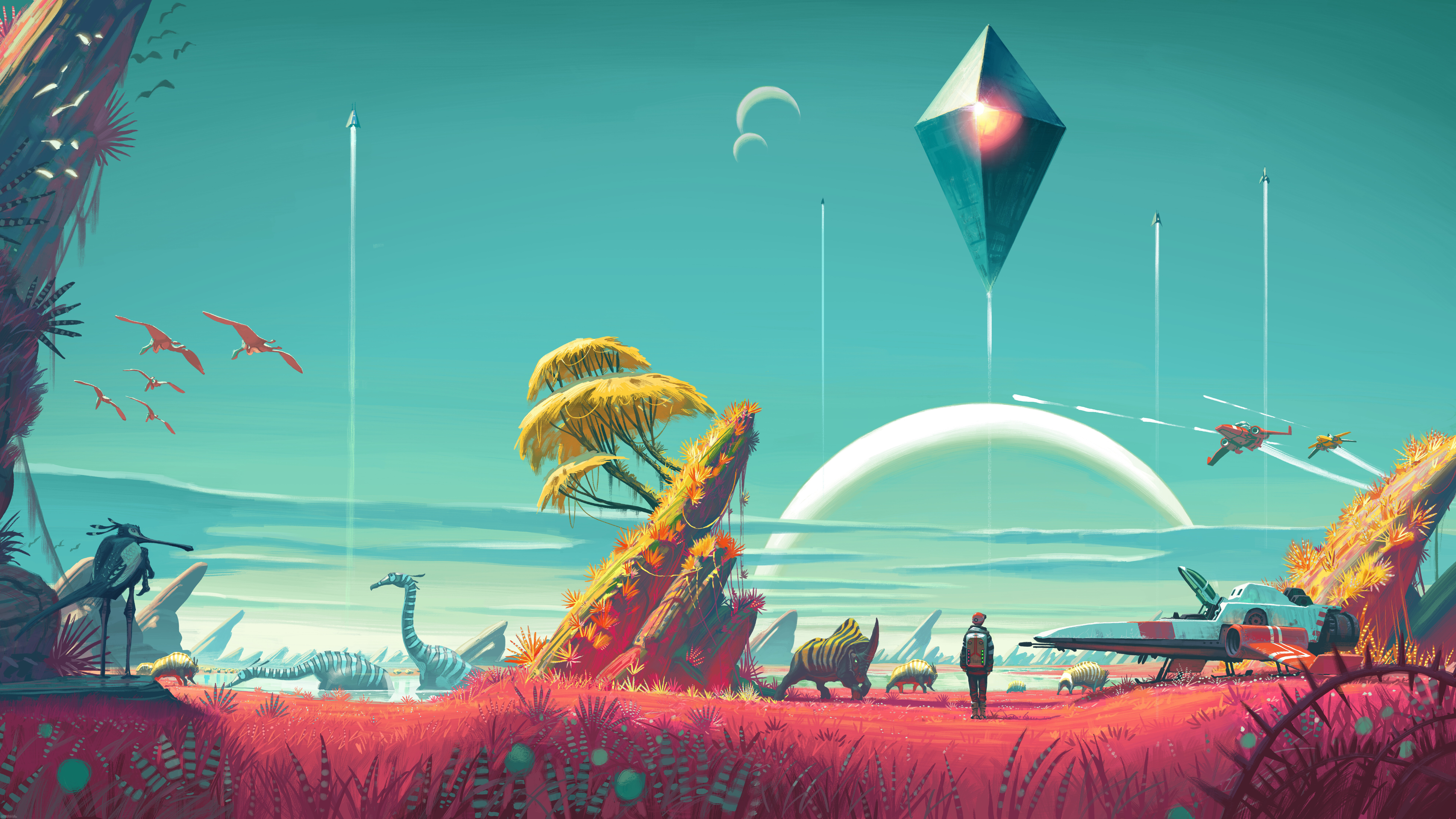 Un personaggio di fantascienza, noto come Esploratore, proveniente dal videogioco No Man's Sky, che esplora un paesaggio planetario alieno e ricco di colori, caratterizzato da una vegetazione esotica.