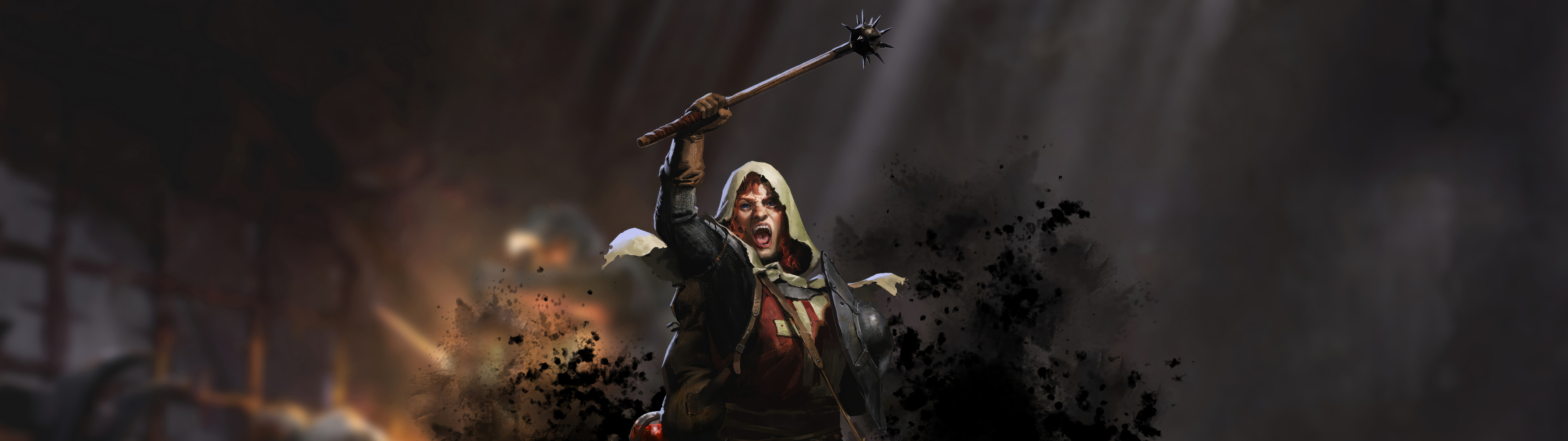 Un personaggio fantasy oscuro, vestito con una pesante armatura medievale, si trova in un corridoio di pietra di una tetra prigione, in un ambiente scarsamente illuminato, ispirato al gioco Dark and Darker.