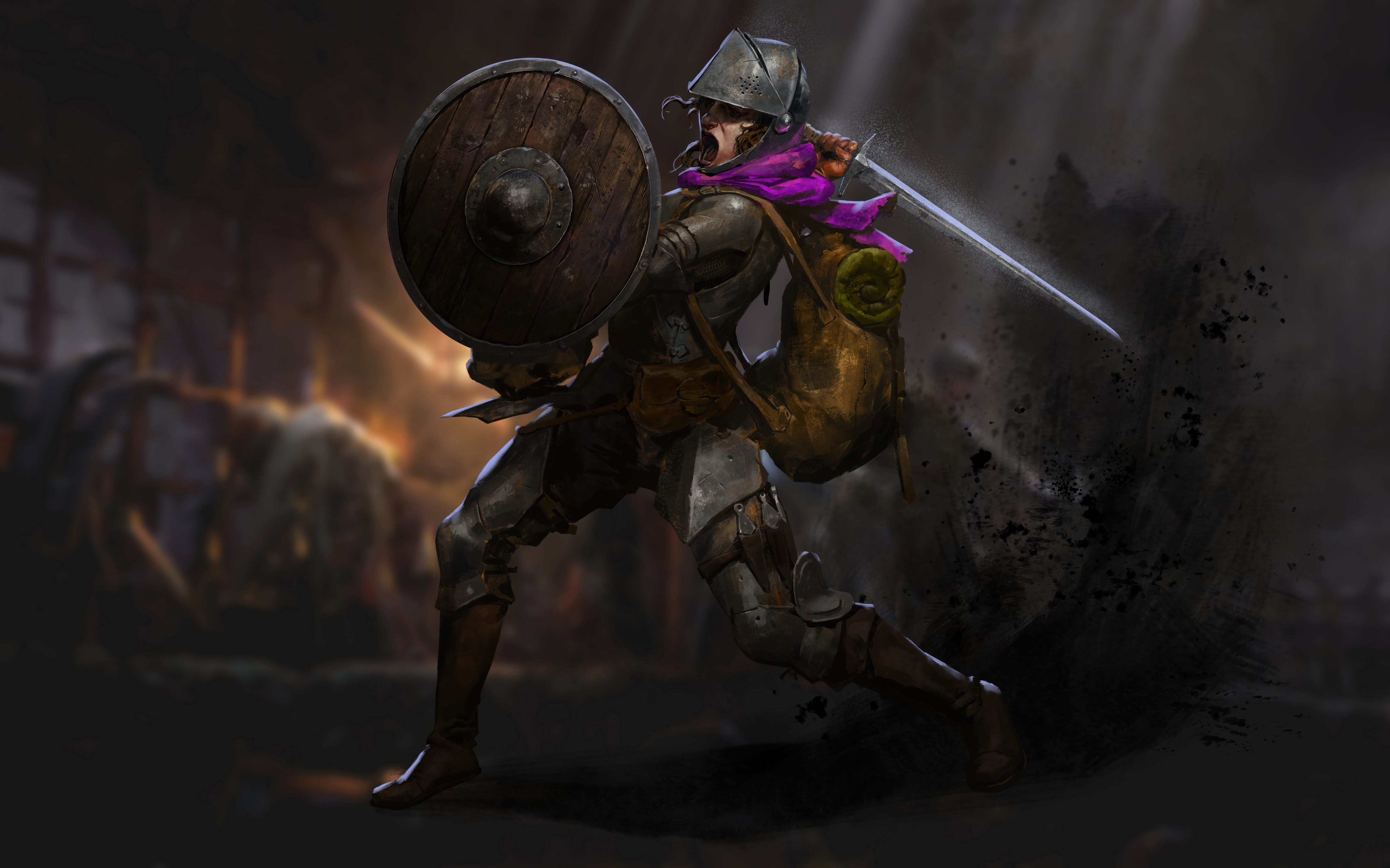 Un avventuriero corazzato, proveniente da un mondo fantasy, si aggira in un corridoio buio e in pietra di un dungeon, con una lanterna in mano, in un ambiente che ricorda Dark and Darker.