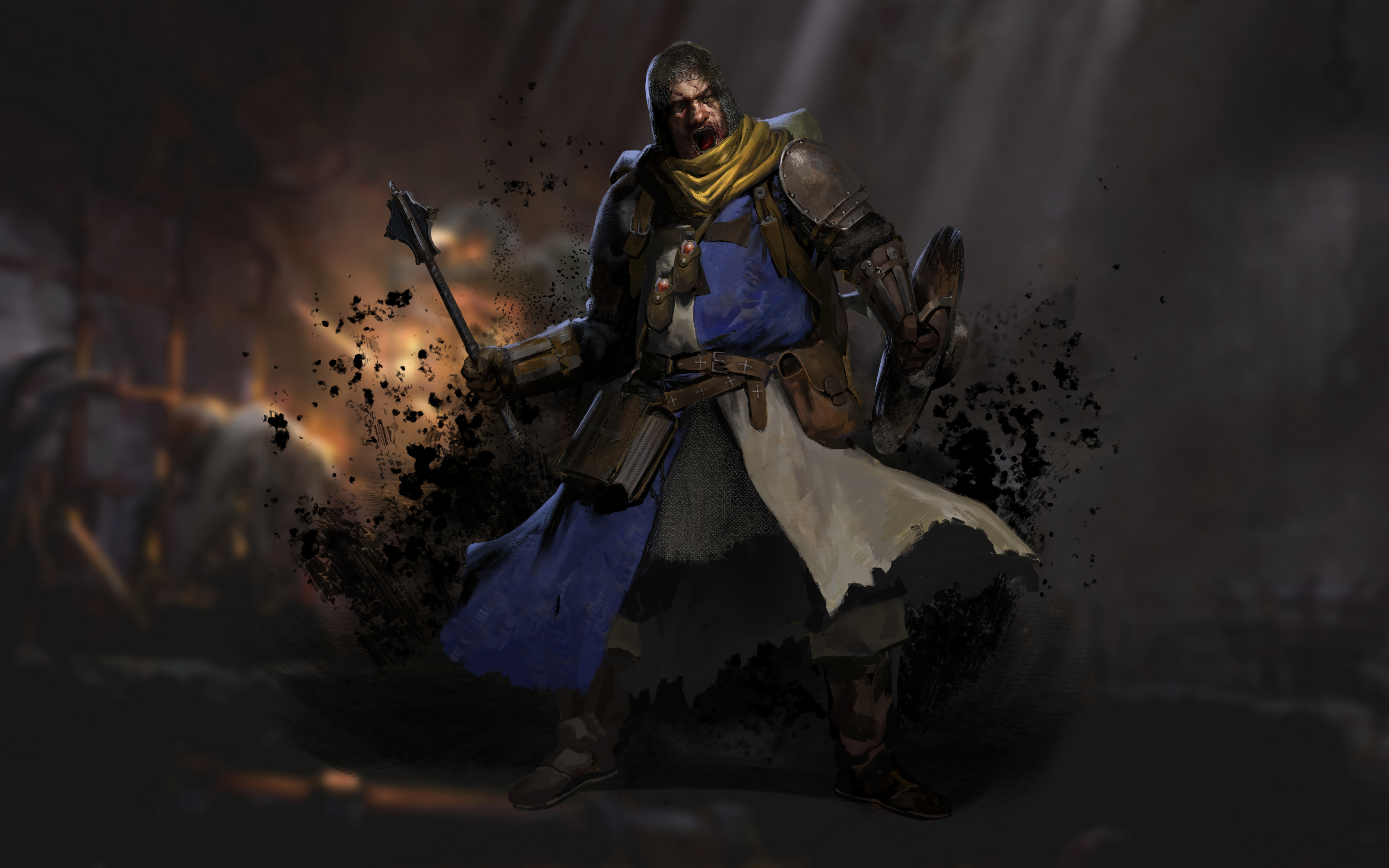 Un personaggio oscuro, immerso nell’oscurità di un ambiente medievale, ambientato all’interno di un dungeon.