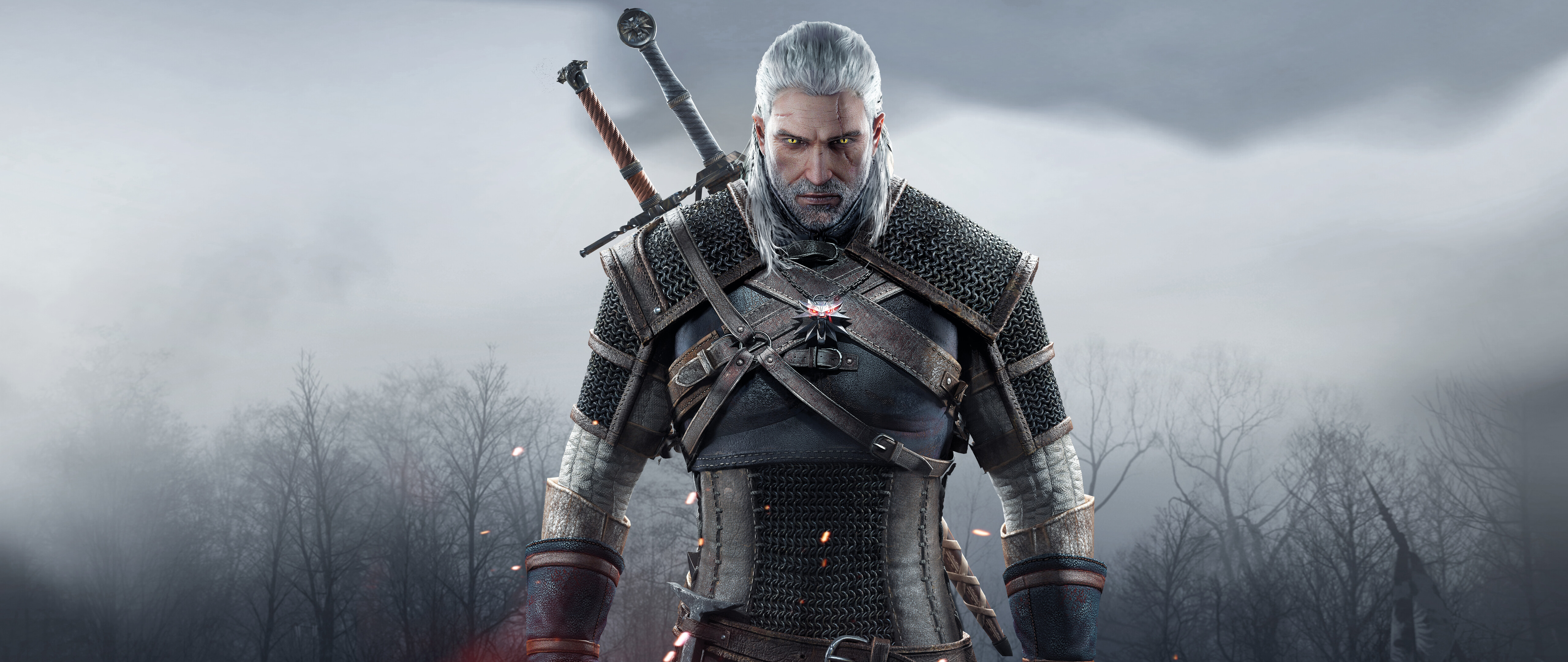 Primo piano del ritratto di Geralt di Rivia, tratto da The Witcher 3: Wild Hunt.