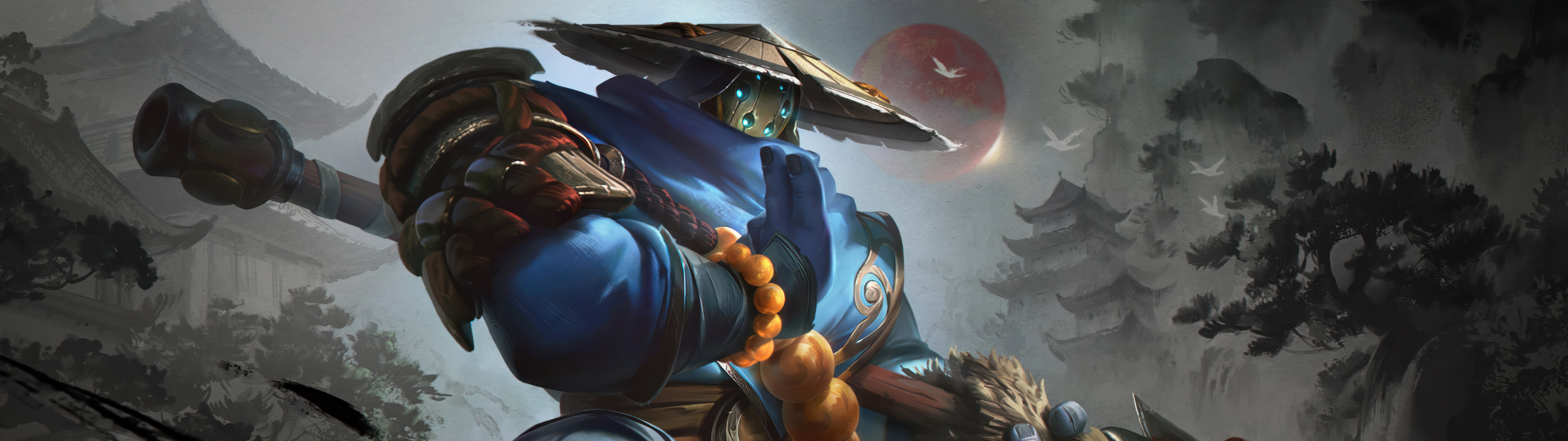 Un concept di Jax, personaggio del videogioco League of Legends, ispirato all’estetica dei samurai, raffigurato con un’elaborata armatura tradizionale.