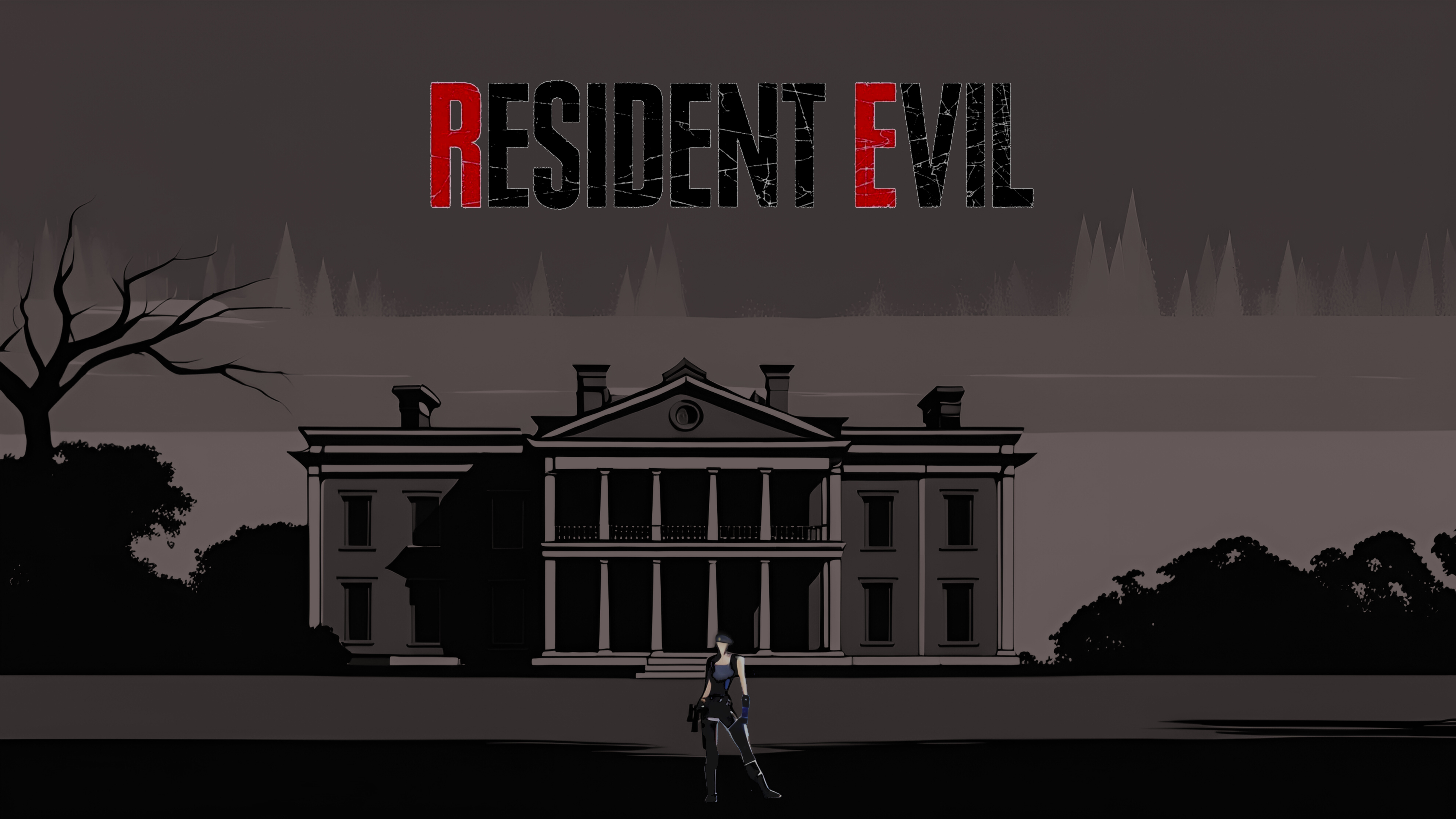 Jill Valentine, protagonista di Resident Evil, affronta degli zombie in un corridoio cupo e suggestivo di una grande villa.