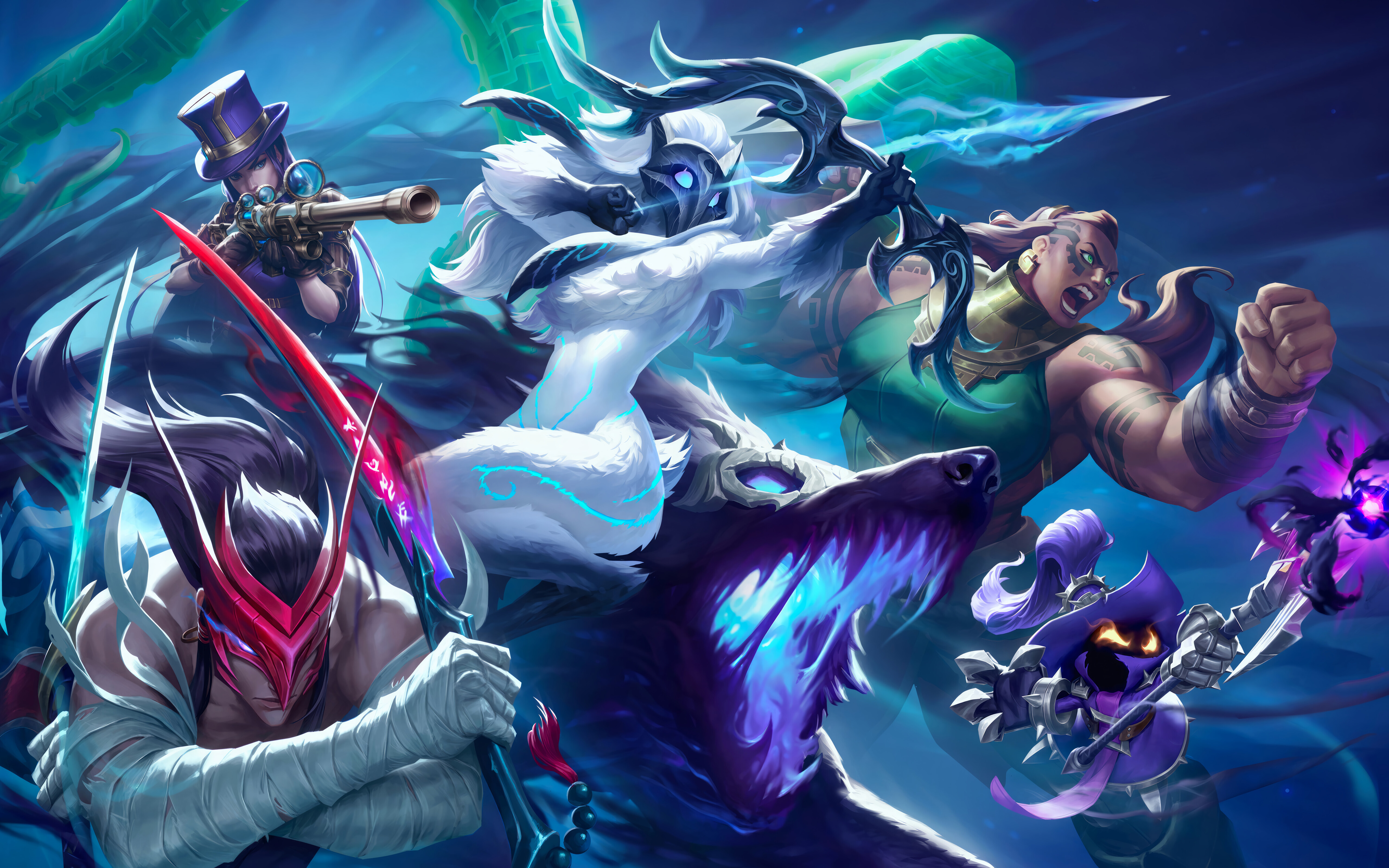 Una composizione straordinaria che raffigura i personaggi di League of Legends: Yone, Kindred e Illaoi.