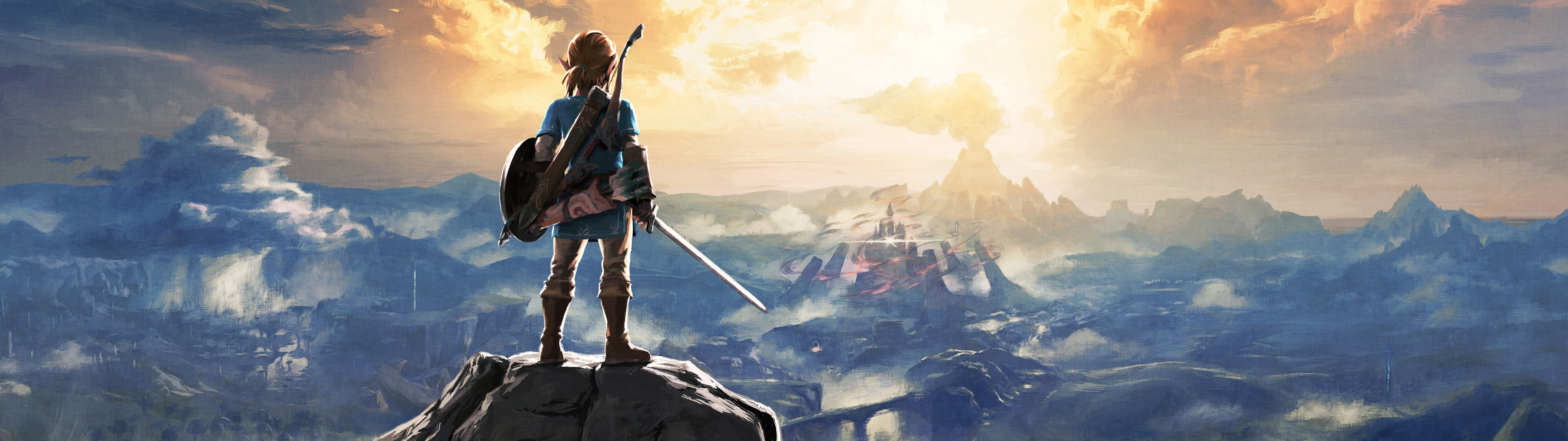 Link, protagonista del videogioco The Legend of Zelda: Breath of the Wild, osserva i vasti paesaggi di Hyrule.