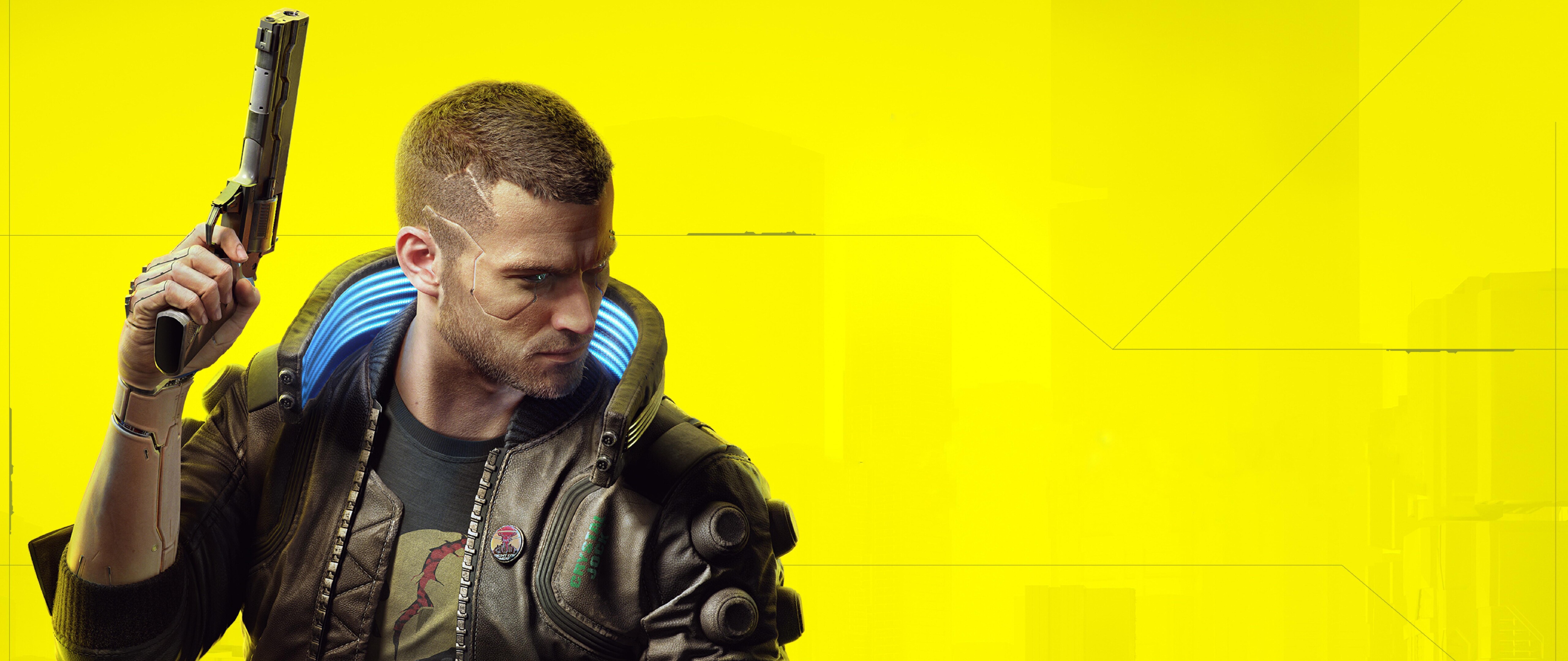 Un personaggio futuristico con innesti cibernetici blu luminosi, in piedi in un ambiente urbano cyberpunk oscuro e immerso nella pioggia.