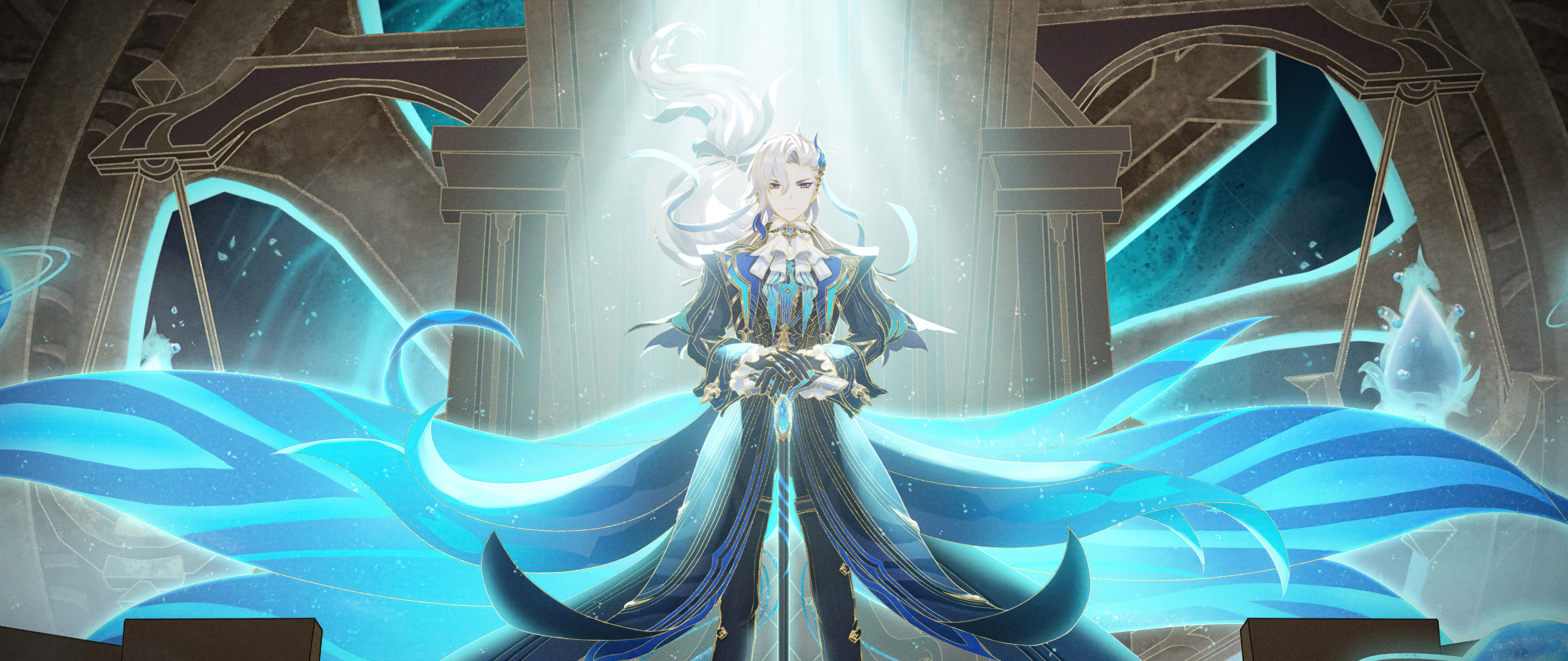 Un ritratto straordinario di Neuvillette, personaggio del videogioco Genshin Impact.