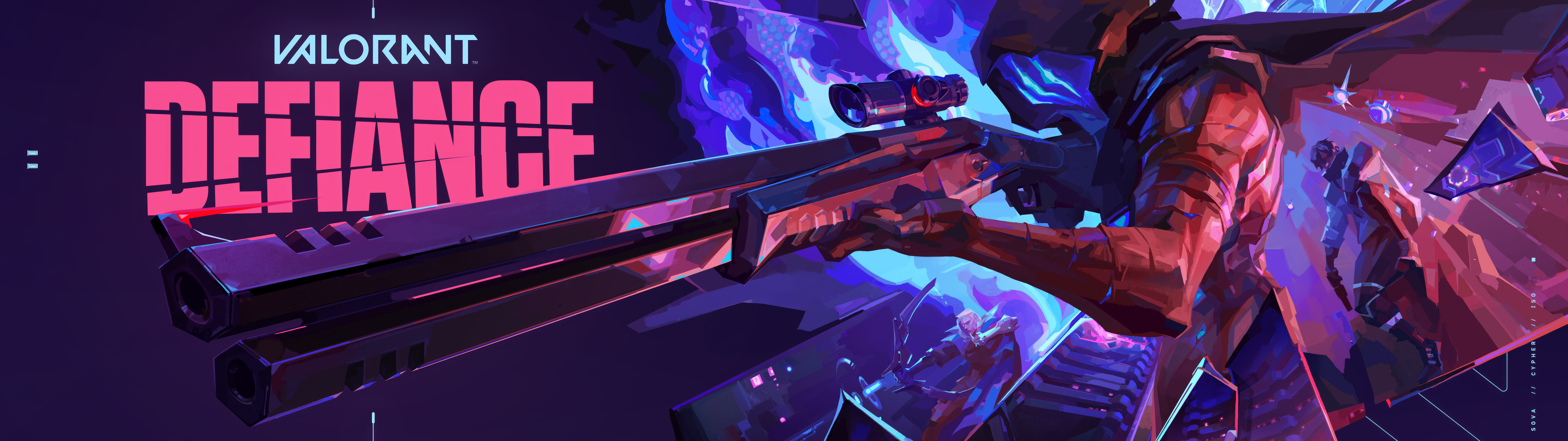 Un ritratto intenso e cupo di Omen, personaggio del videogioco Valorant, che lo raffigura con la sua caratteristica figura incappucciata e con gli occhi luminosi, immerso in un vortice di ombre.