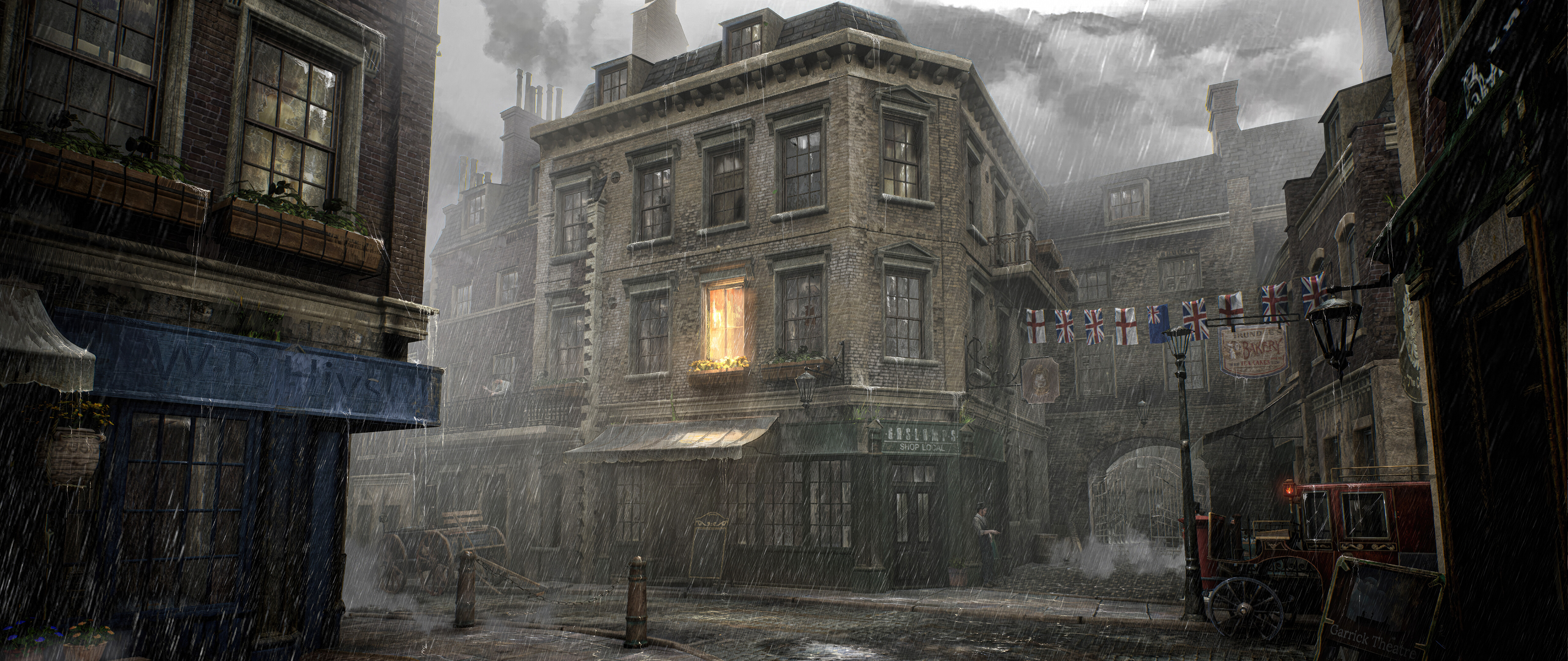 Una strada buia e piovosa di Londra, con un edificio in stile vittoriano, ispirata al videogioco Sherlock Holmes: The Awakened.