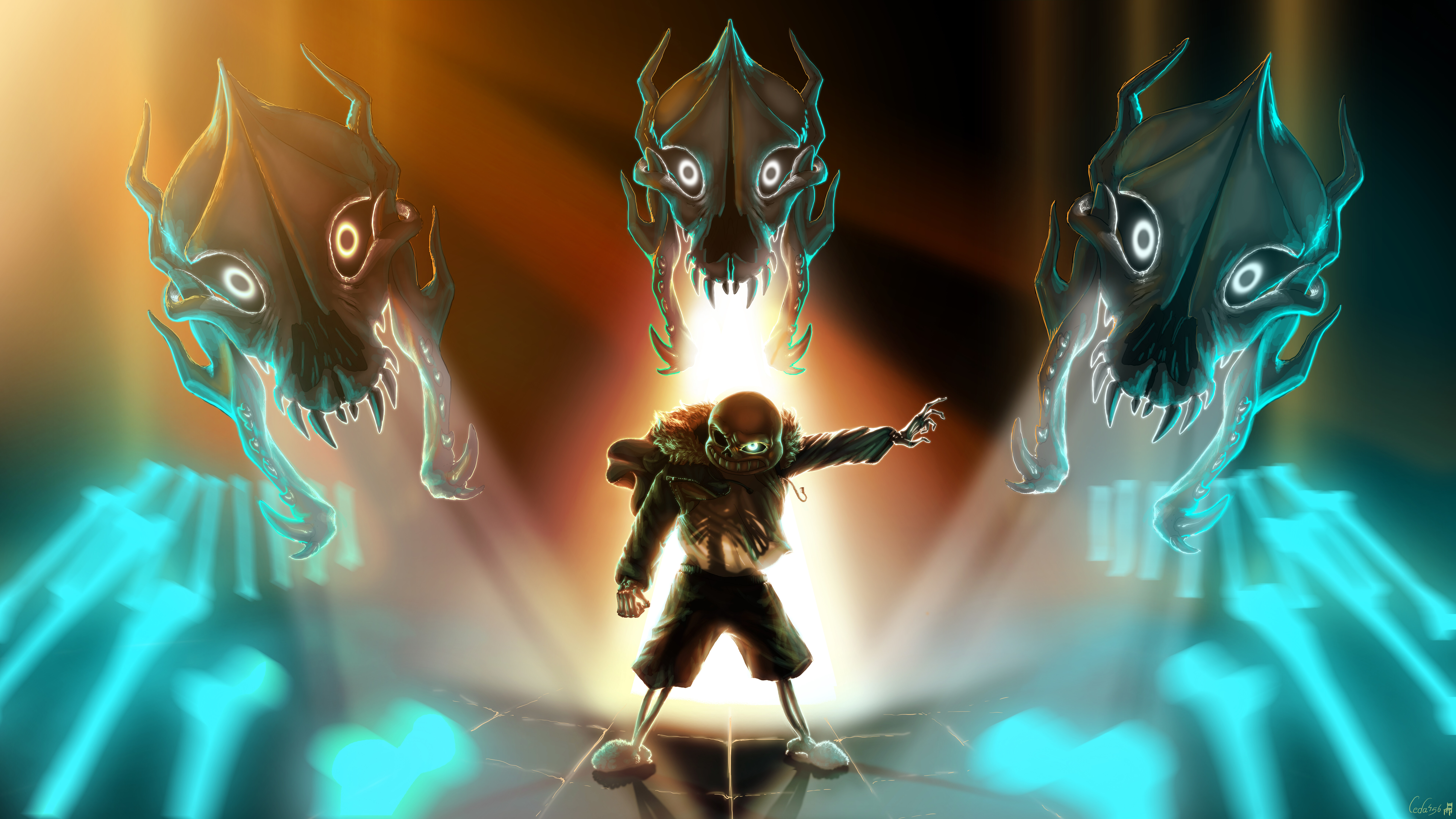 Sans, personaggio del videogioco Undertale, mostra il suo caratteristico aspetto scheletrico e il suo abbigliamento informale.