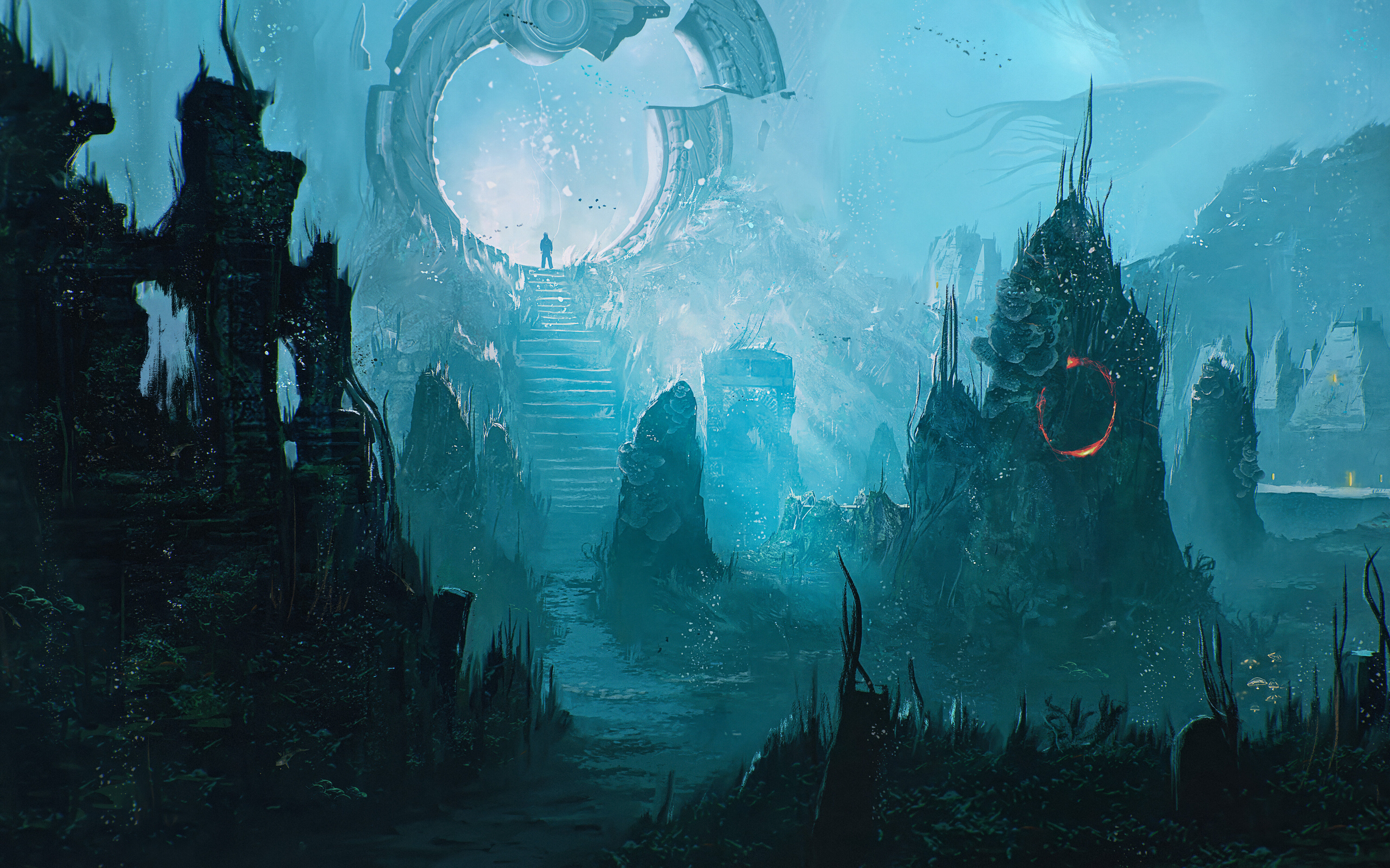 Vista subacquea degli antichi resti diroccati, immersi nelle profondità marine, in acque di un blu intenso, ispirata al gioco Sherlock Holmes: The Awakened.