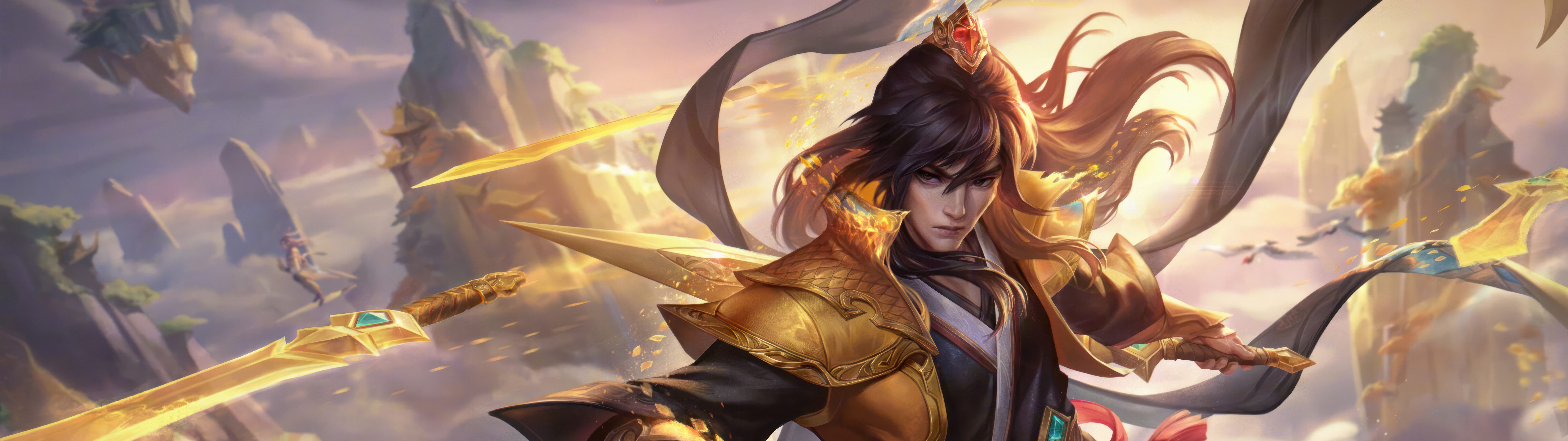 Talon, personaggio del videogioco League of Legends, in posa con le sue caratteristiche lame, in un’atmosfera cupa e suggestiva.