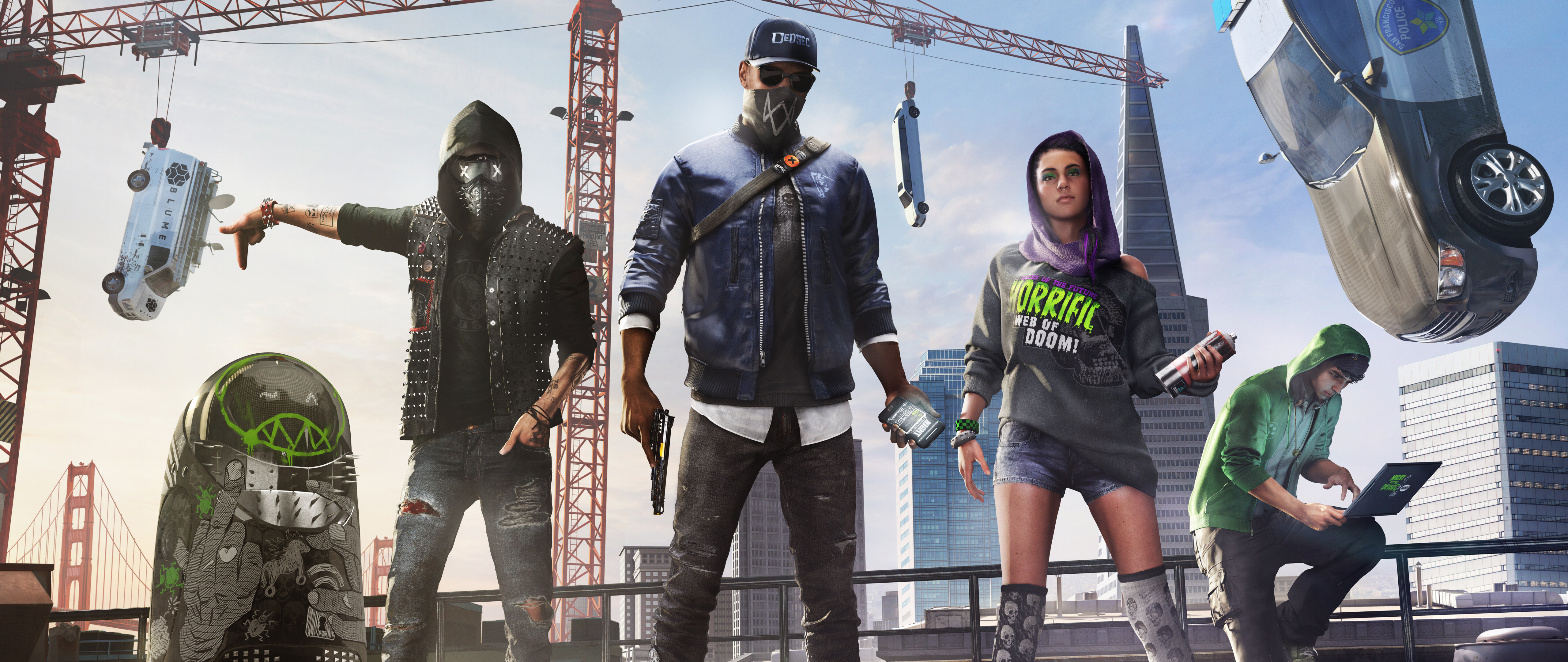 Un ritratto di gruppo che raffigura Marcus Holloway, Sitara Dhawan e Wrench, personaggi del videogioco Watch Dogs 2.