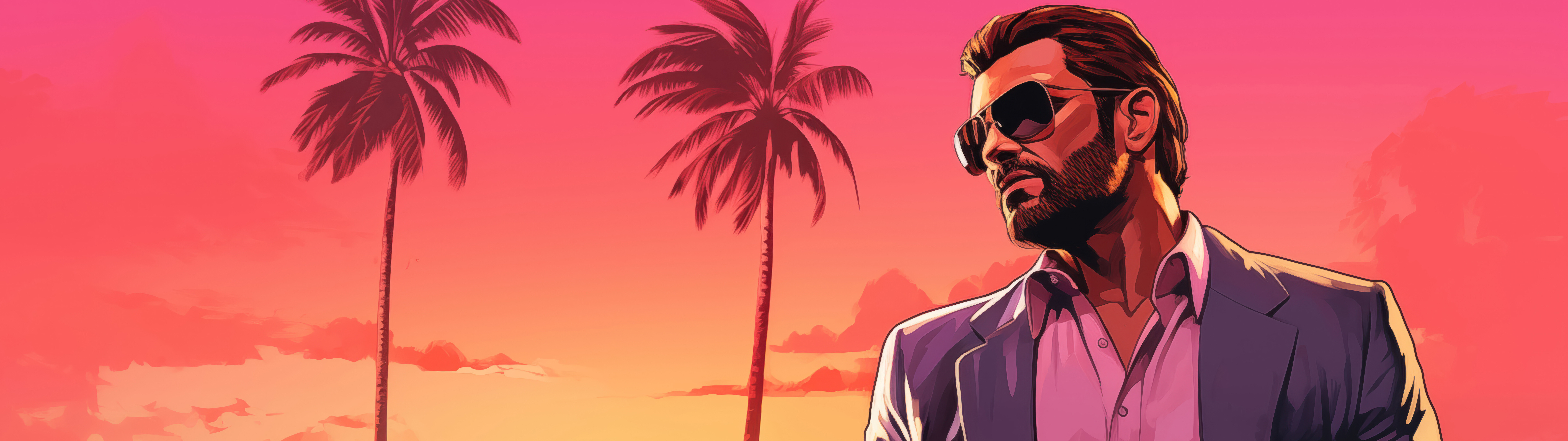Un personaggio ambientato in un contesto urbano tropicale, illuminato dal sole, caratterizzato da palme e colori vivaci, con uno stile ispirato all’estetica di Grand Theft Auto VI.
