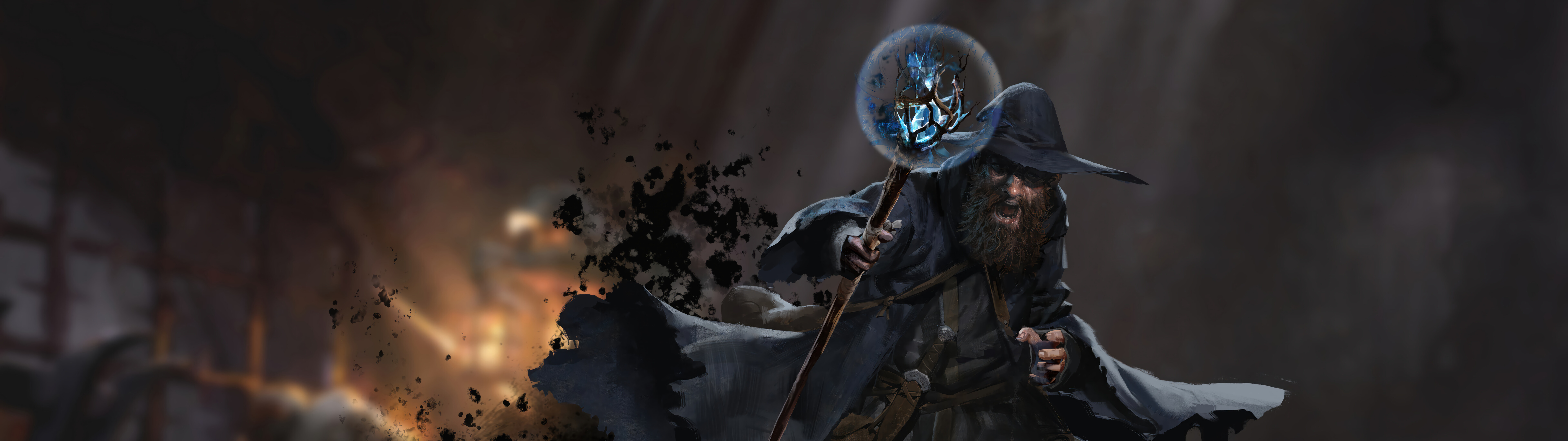 Un mago oscuro proveniente dal mondo di Dark and Darker, che brandisce un bastone magico luminoso in un ambiente suggestivo e tenebroso, all’interno di un dungeon.