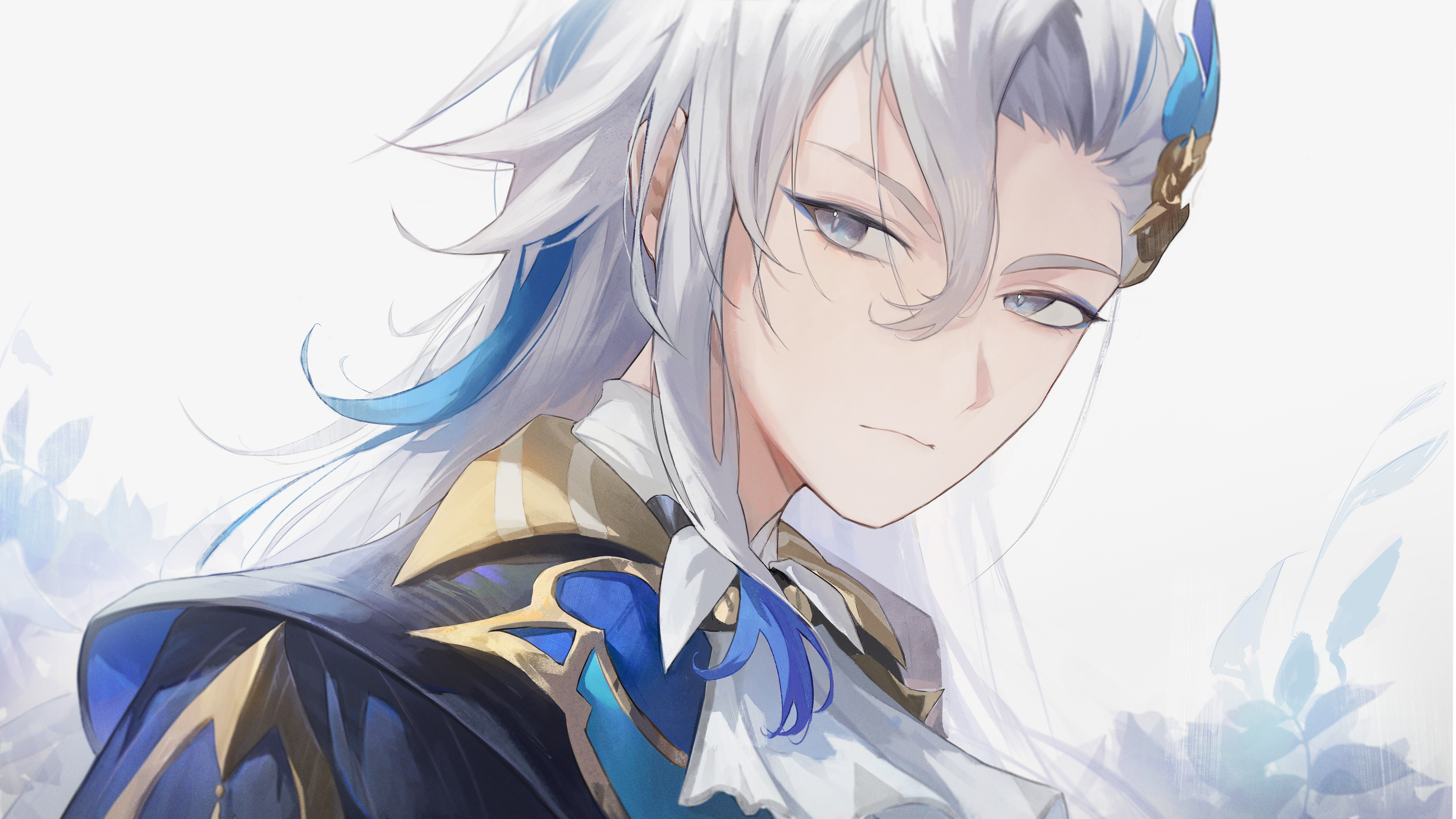 Una rappresentazione di alta qualità di Neuvillette, personaggio del videogioco Genshin Impact, che ne mette in risalto l’elegante abbigliamento e lo sguardo autorevole.