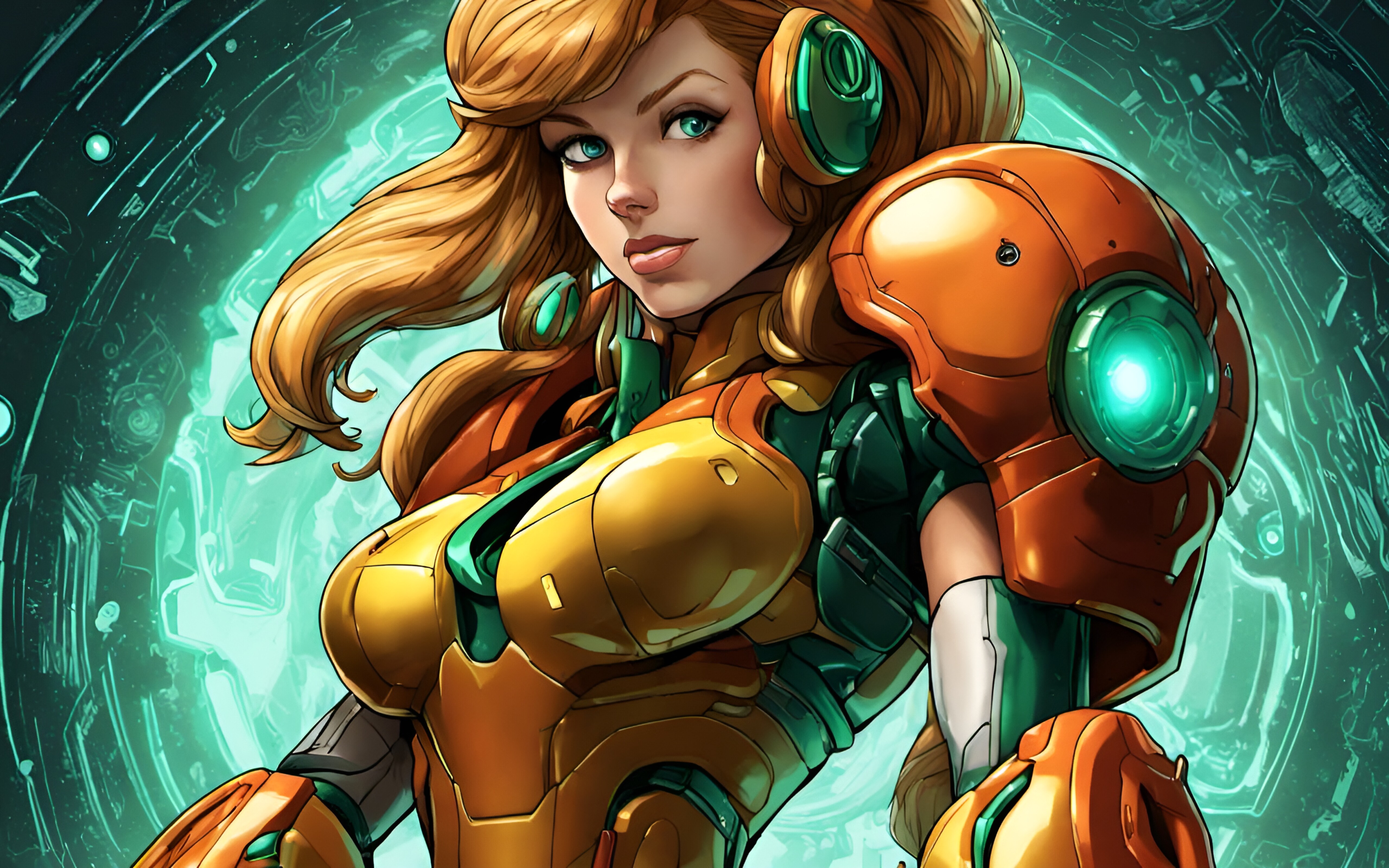 Samus Aran indossa la sua iconica tuta protettiva arancione e rossa, tratta dalla serie di videogiochi Metroid.