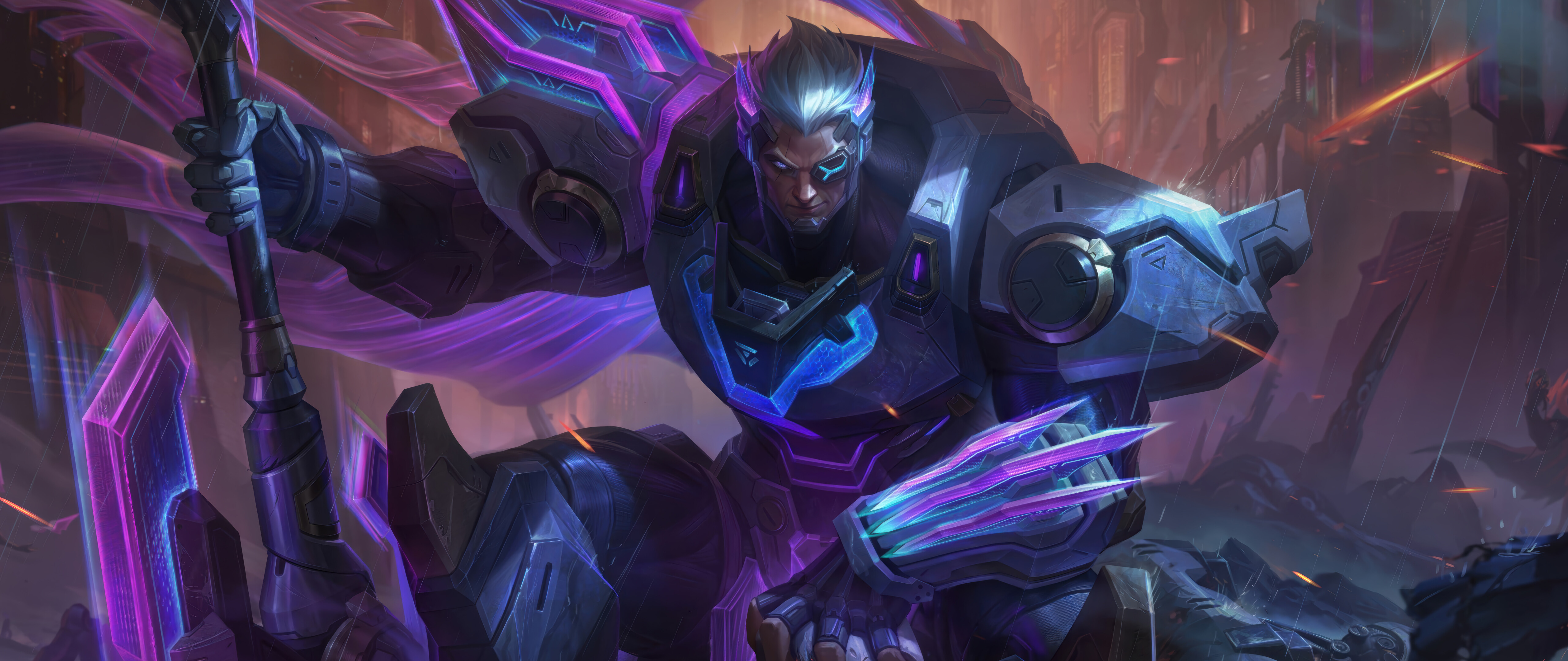 Una rappresentazione dettagliata di Darius, personaggio del videogioco League of Legends, con indosso una pesante armatura noxiana e ambientata in un’atmosfera minacciosa.