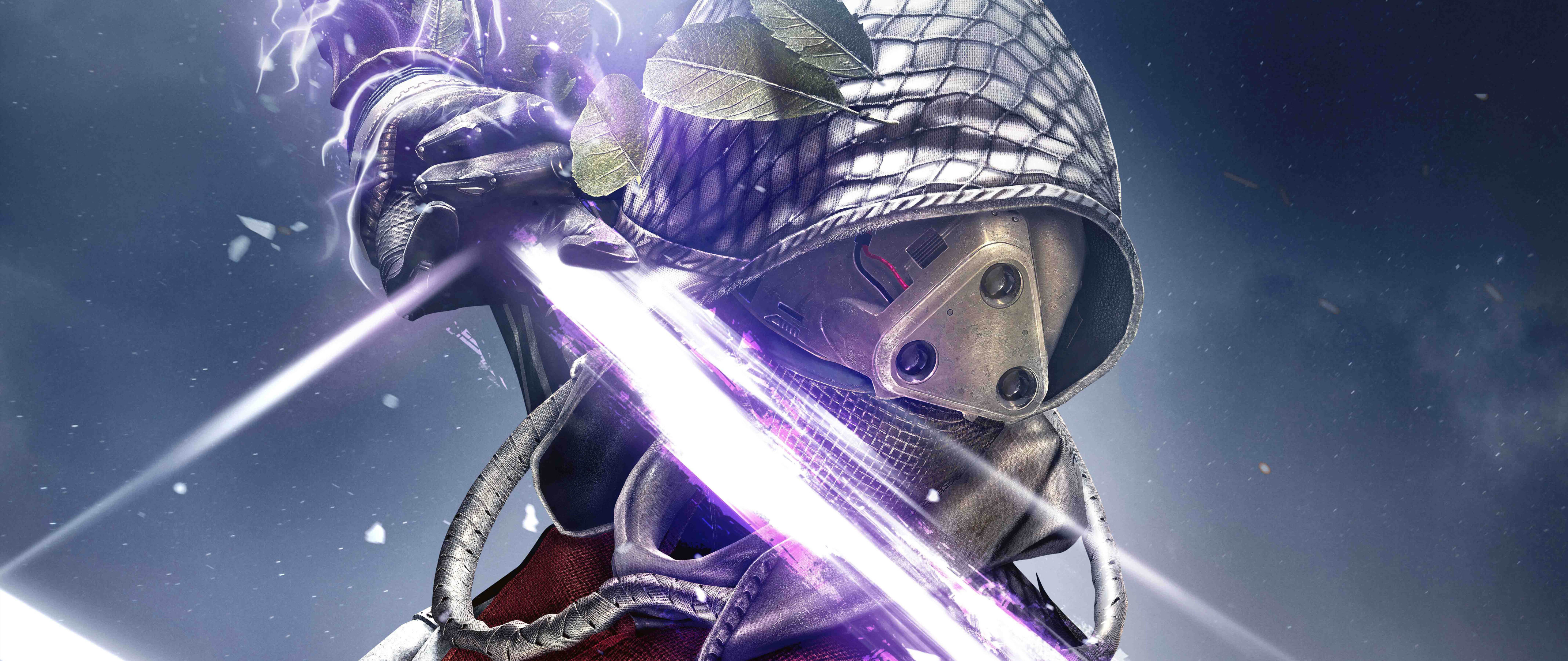 Un dettagliato Guardiano fantascientifico proveniente dal gioco Destiny, con indosso placche corazzate luminose e un elmo, sullo sfondo di stelle e nebulose.