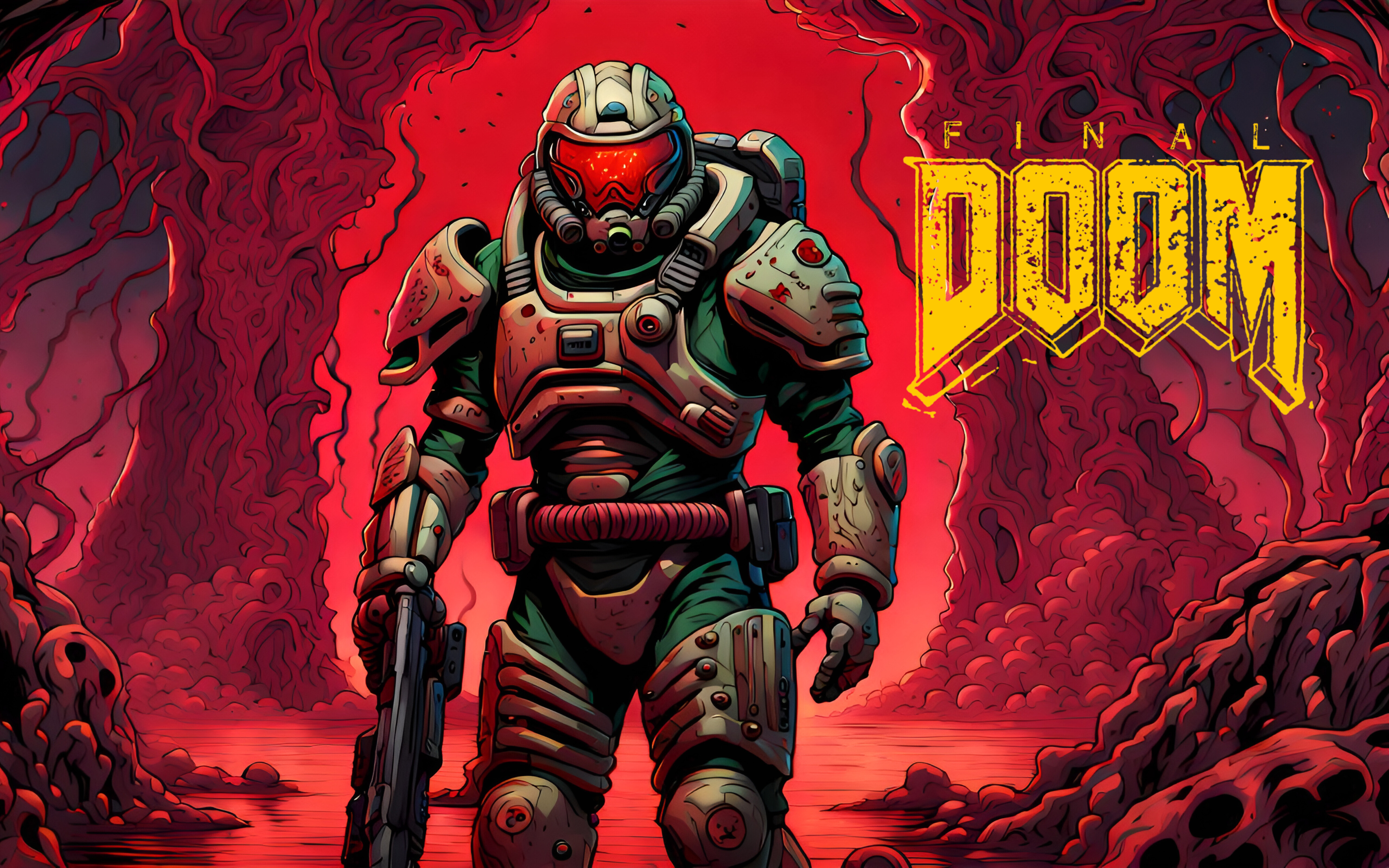 Doomguy, protagonista della serie di videogiochi Doom, si trova in piedi in mezzo a un paesaggio oscuro e infernale.