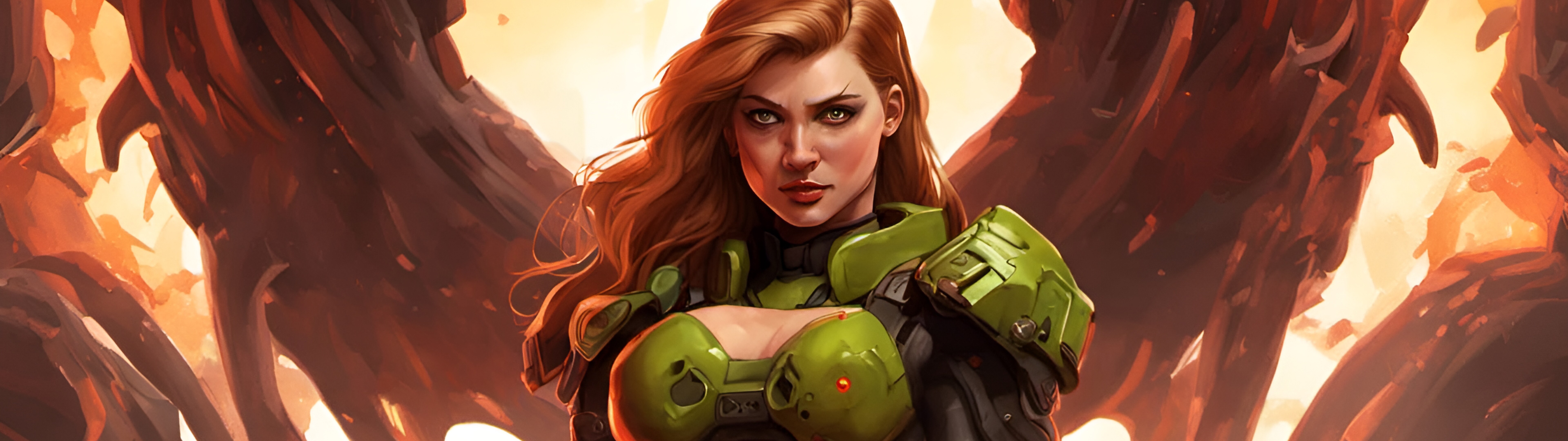 Una guerriera corazzata, impegnata in un combattimento acceso e armata di un potente fucile, che affronta un demone. L’immagine è ispirata alla serie di videogiochi DOOM.