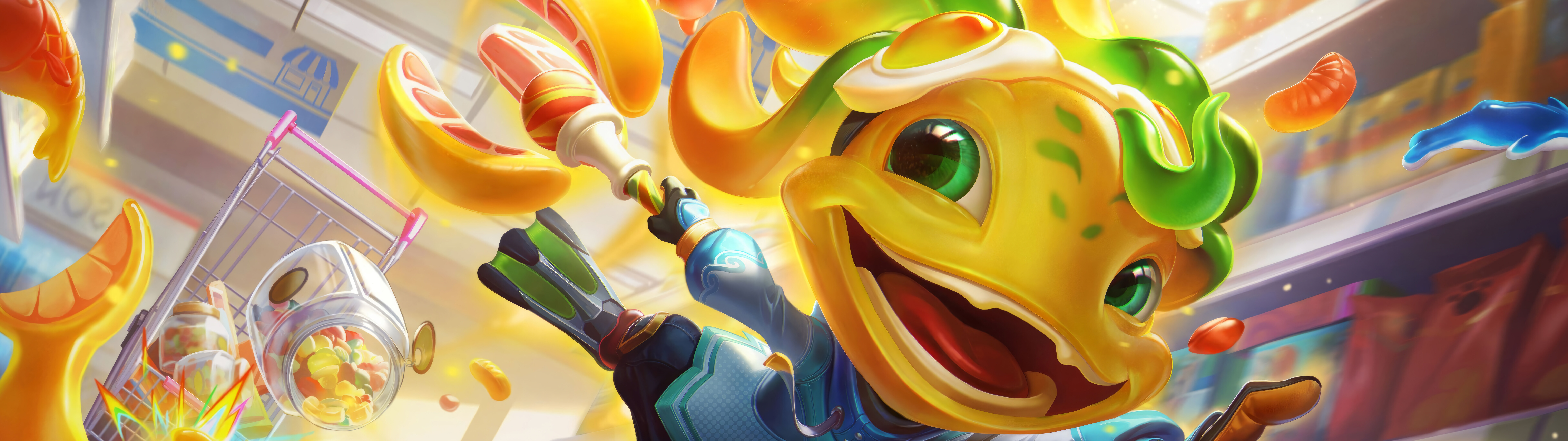 In un vivace scenario sottomarino, vediamo Fizz, il campione degli esseri acquatici del videogioco League of Legends e di Wild Rift.