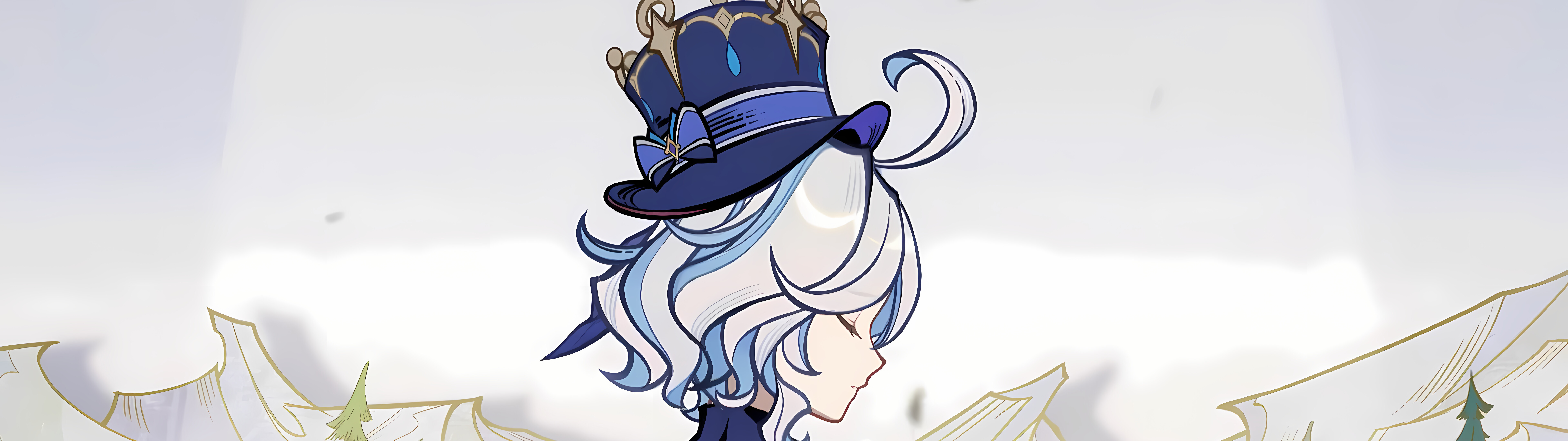 Una splendida rappresentazione di Furina, personaggio del videogioco Genshin Impact, che ne mette in risalto l’elaborato costume blu e l’aspetto teatrale.