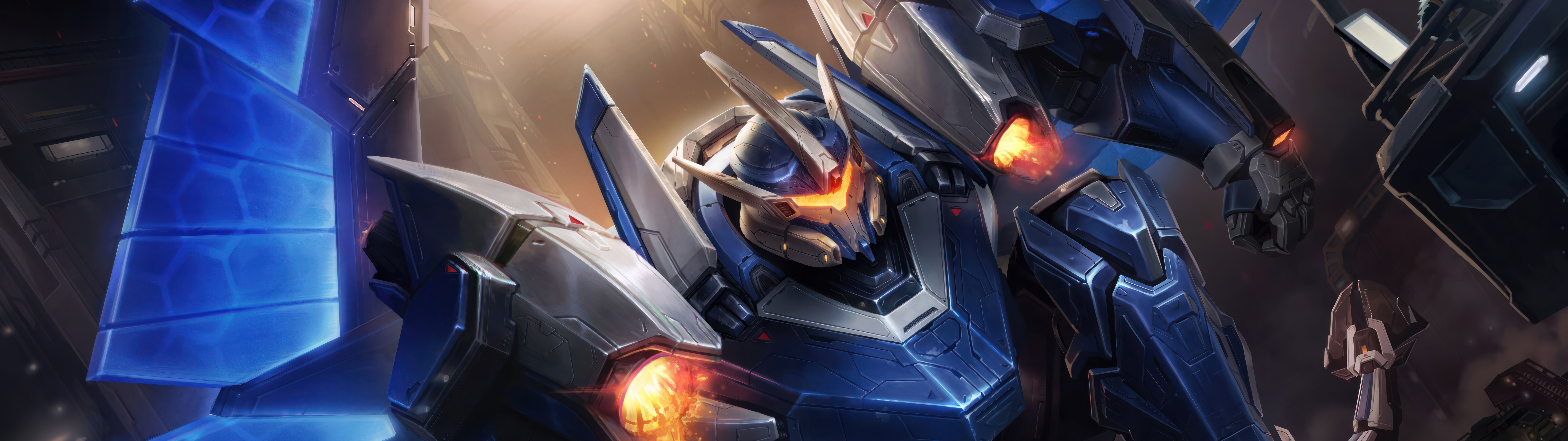 Un enorme robot in stile mecha, ispirato a Galio di League of Legends, caratterizzato da una robusta corazza metallica e componenti energetiche luminose.