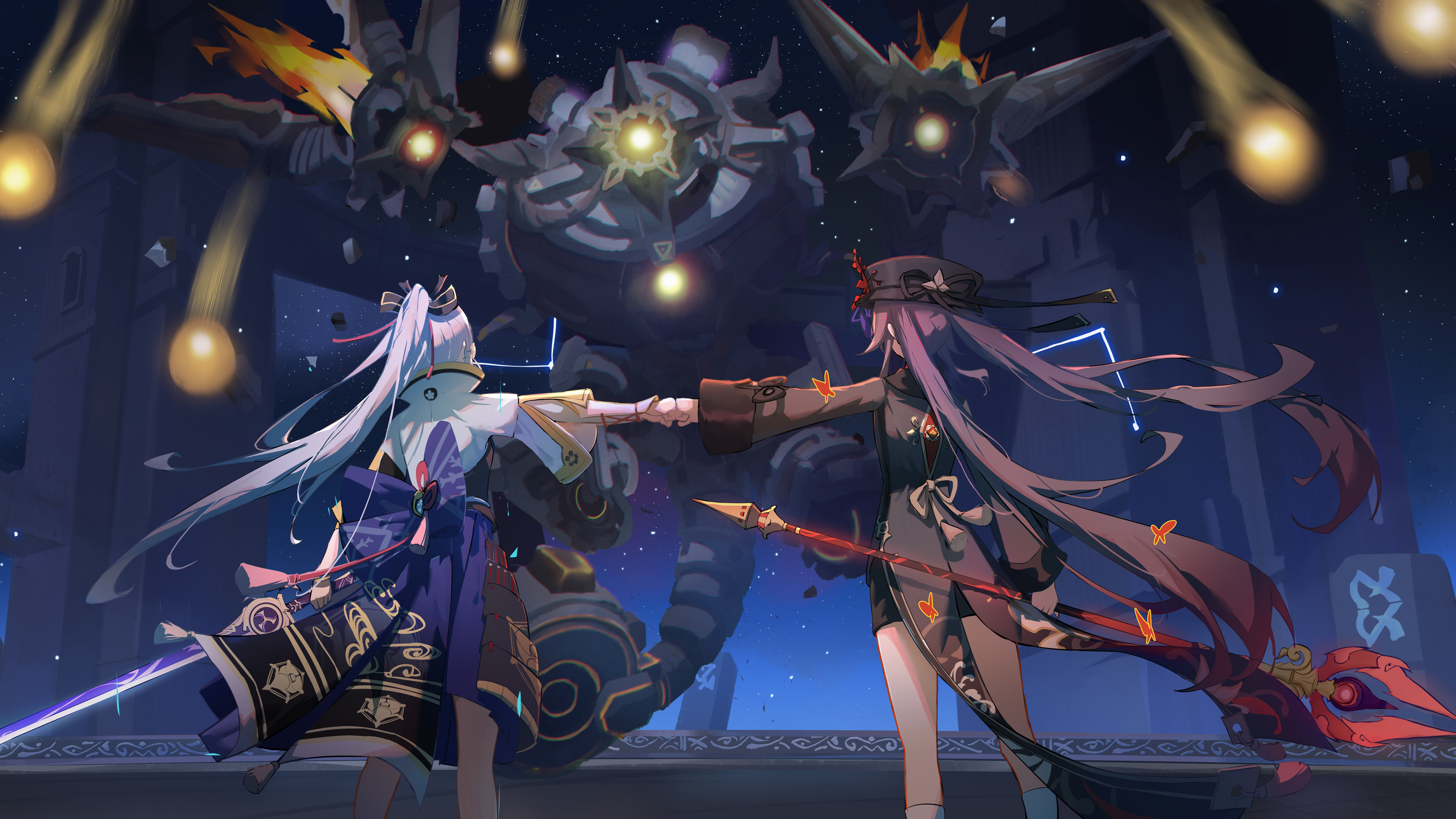 Una rappresentazione artistica di Kamisato Ayaka e Hu Tao, personaggi del videogioco Genshin Impact.