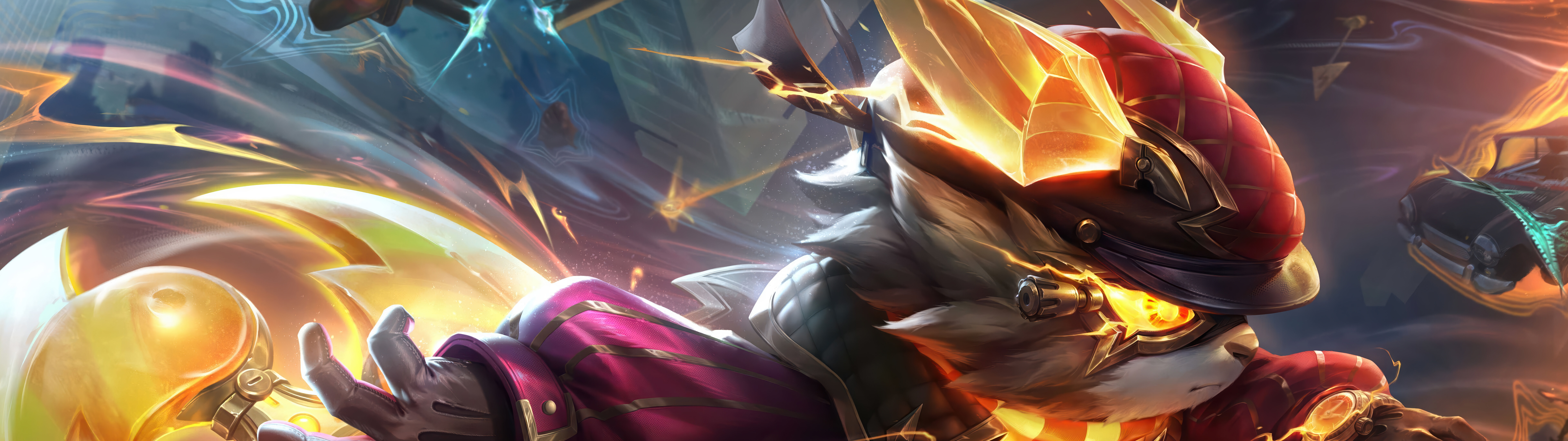 Un’illustrazione dinamica di Kennen, personaggio del videogioco League of Legends, che lo ritrae con scintille elettriche ed energia.