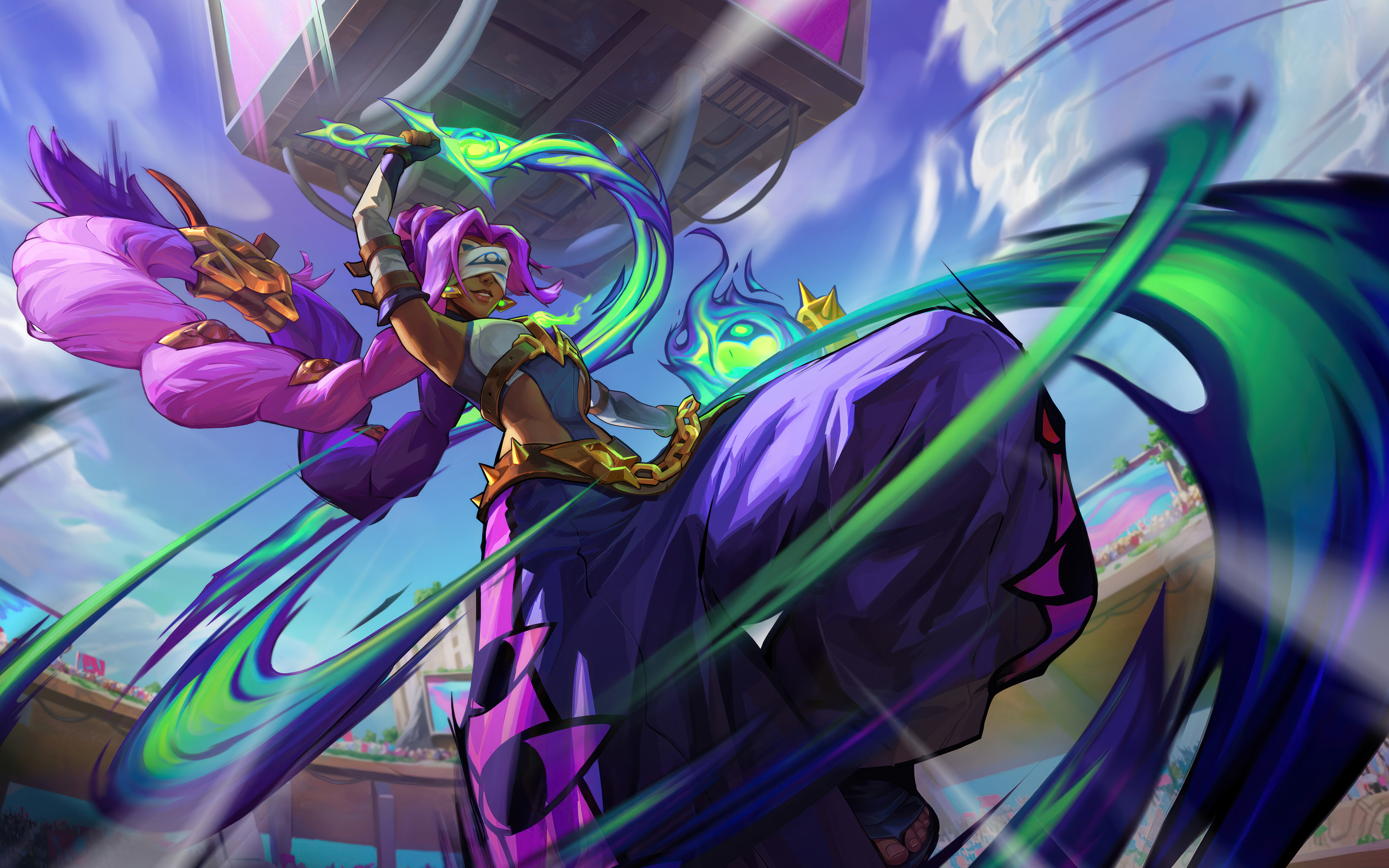 Nilah, la campionessa di League of Legends, mostra il suo stile unico, caratterizzato da elementi acquatici e da un aspetto dinamico e fluido.